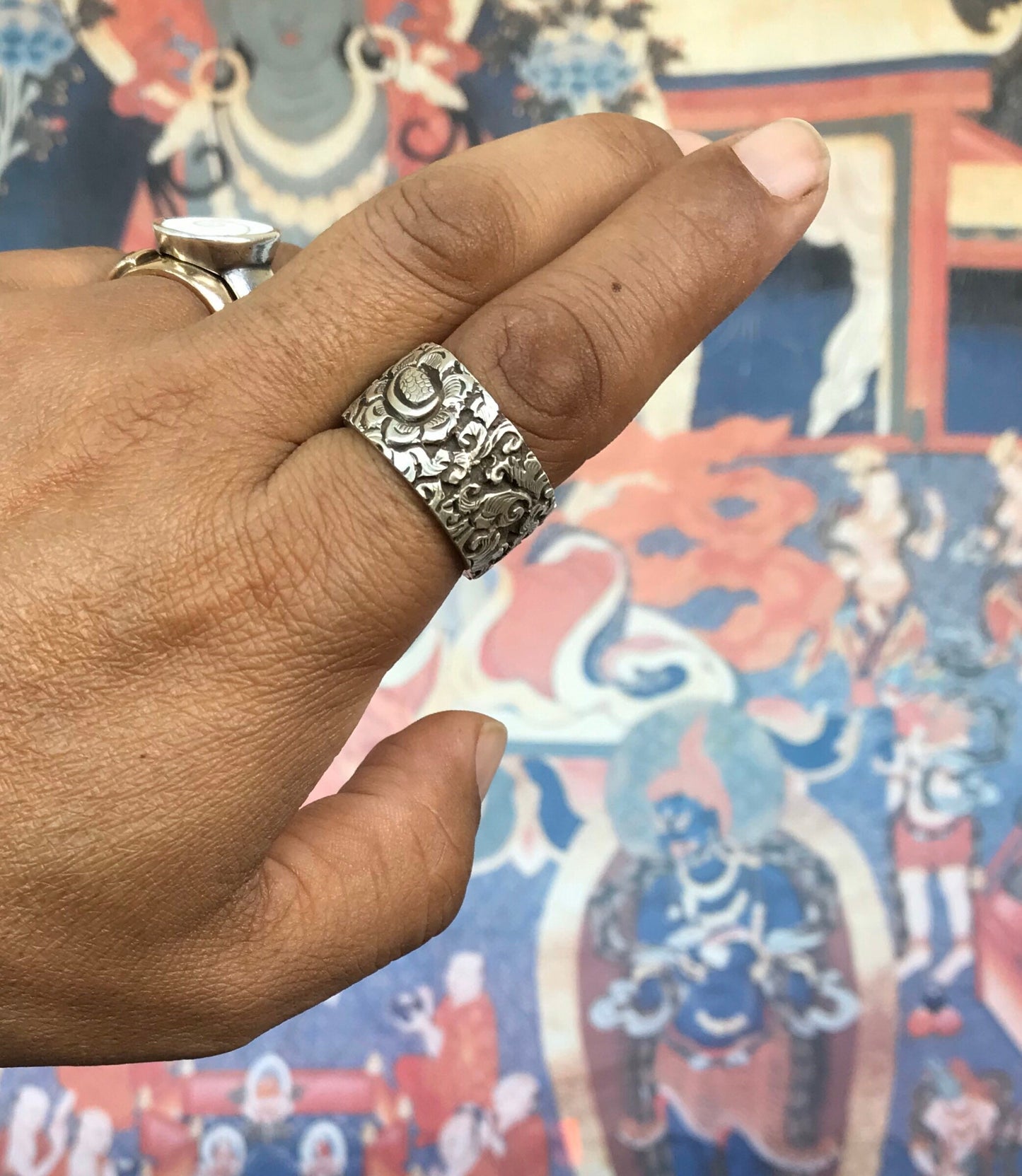 Thick Solid 925 silver Ring Band,with Tibetan floral design engraved to cherish you always.Handcrafted in Nepal.Joy ring/happiness band/ring