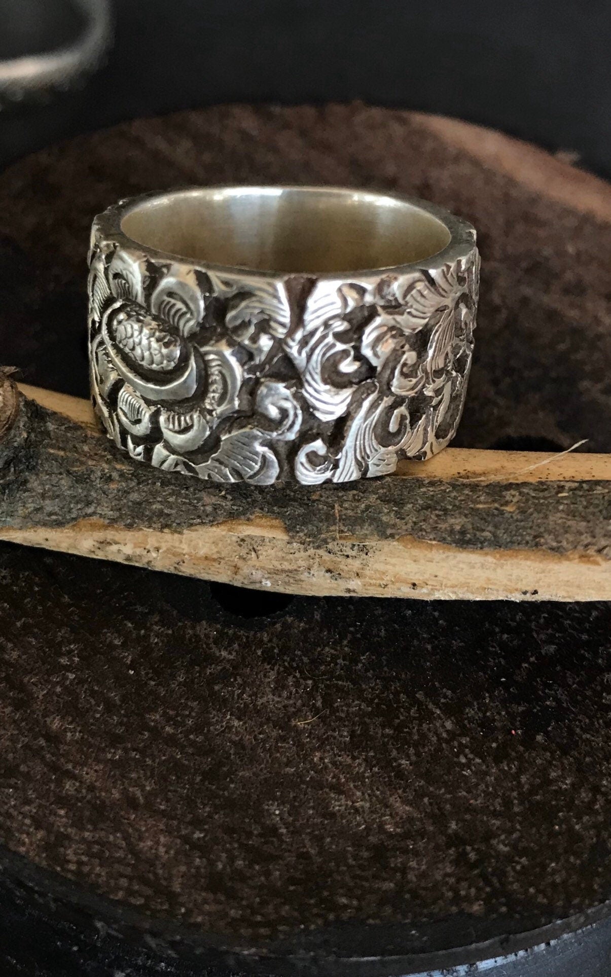 Thick Solid 925 silver Ring Band,with Tibetan floral design engraved to cherish you always.Handcrafted in Nepal.Joy ring/happiness band/ring