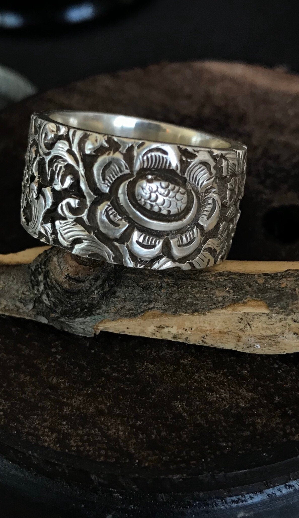 Thick Solid 925 silver Ring Band,with Tibetan floral design engraved to cherish you always.Handcrafted in Nepal.Joy ring/happiness band/ring