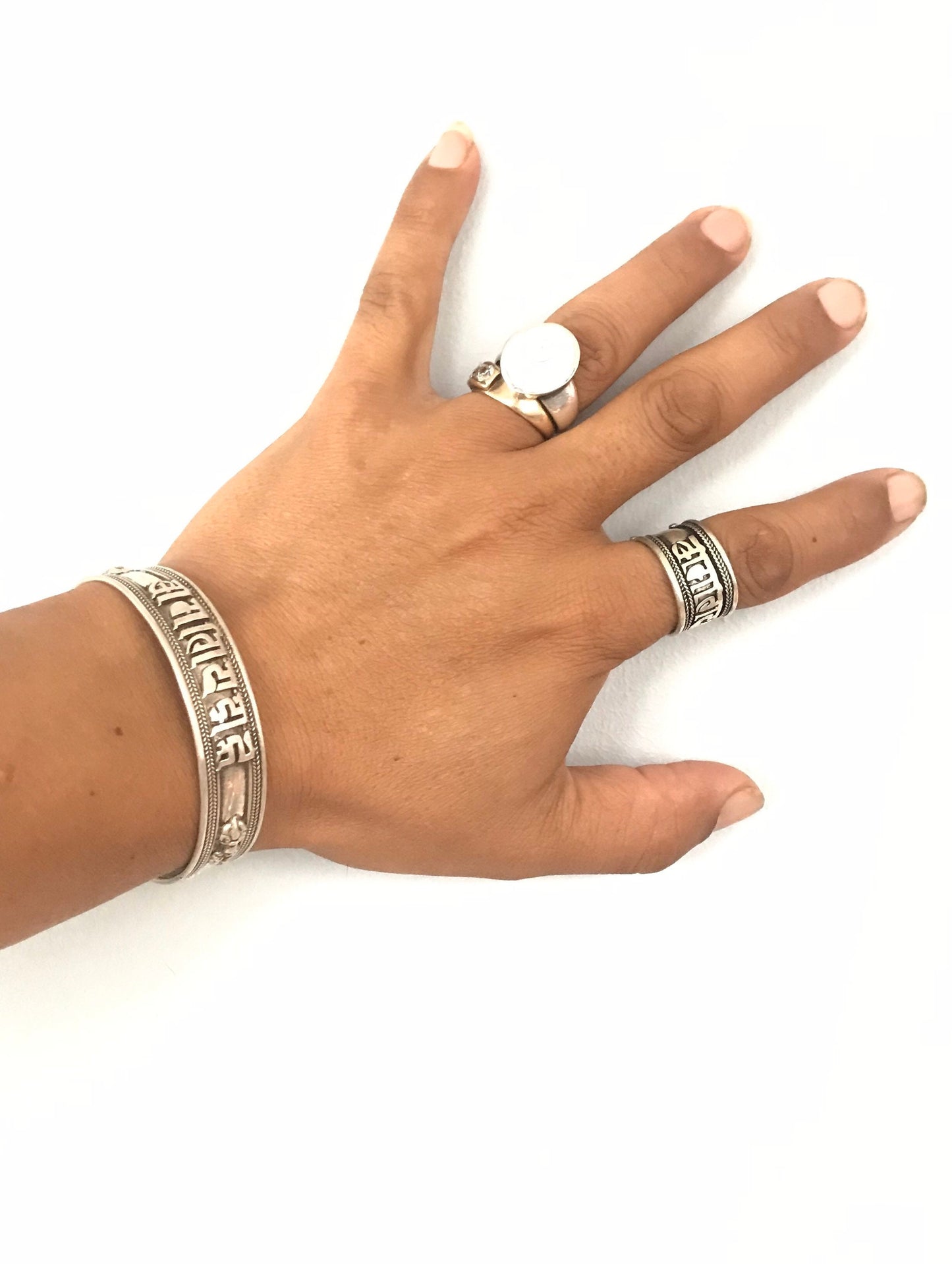 Buddhist Mantra Adjustable Ring, Tibetan Silver, Om Mani Padme Hum