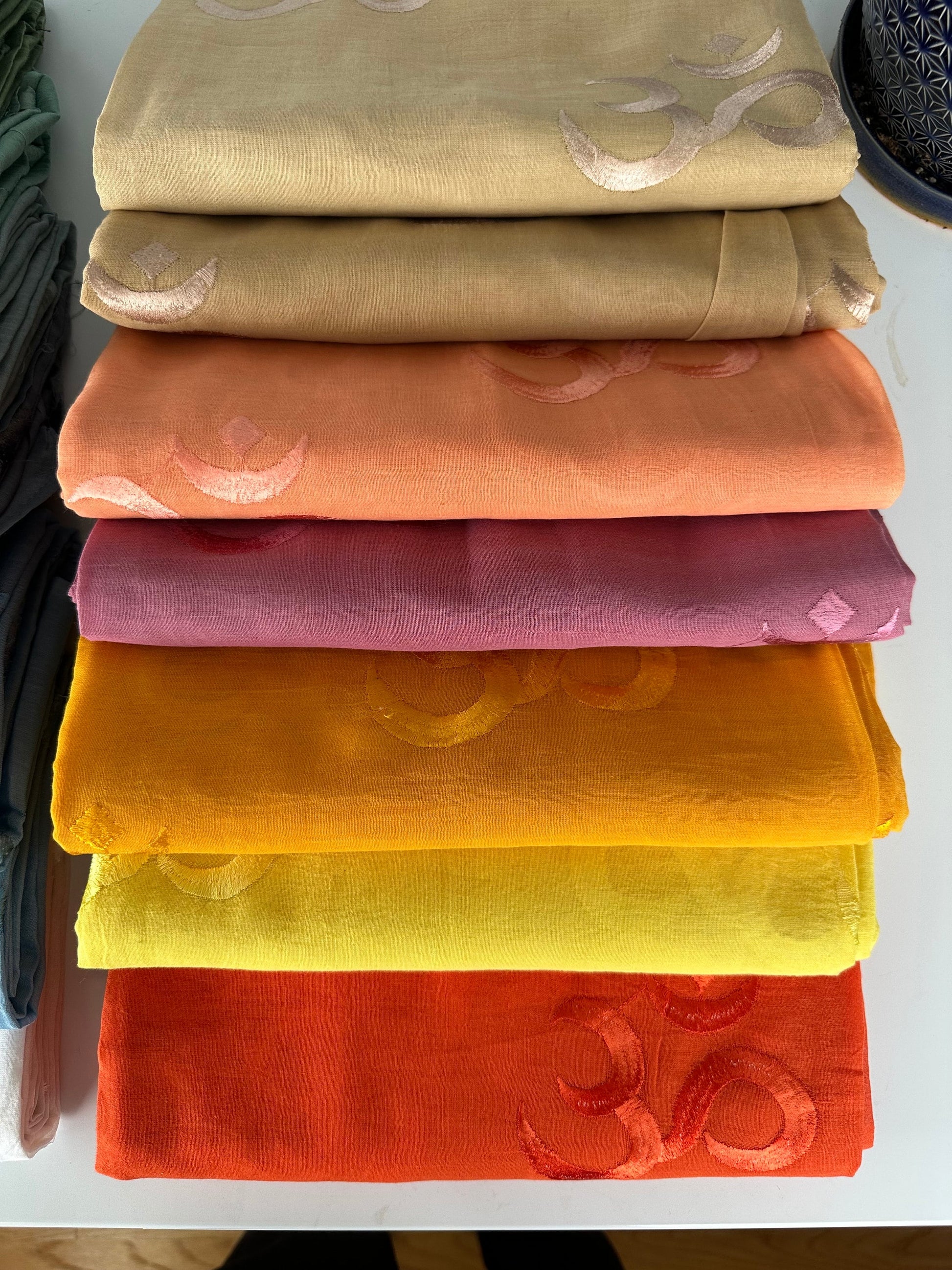 100% cotton Meditation scarfs/prayer scarf/ 54 embroidered Om Scarfs/mantra Scarf/ Yoga Scarf/ Shiva/shakti scarfs,plan colors Om scarfs.