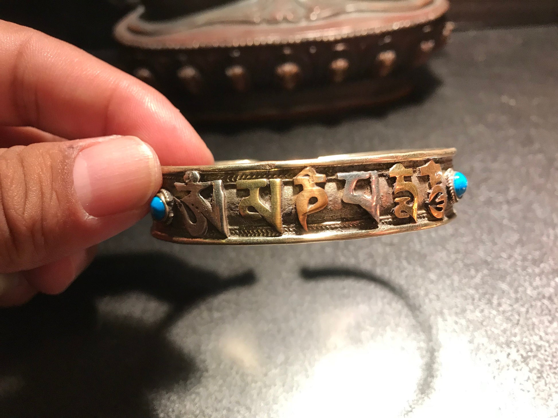 Tibetan Buddhist Mantra Cuff Bracelet, Brass Copper, Turquoise Stone, Mantra of Compassion, Om Mani Padme Hum.