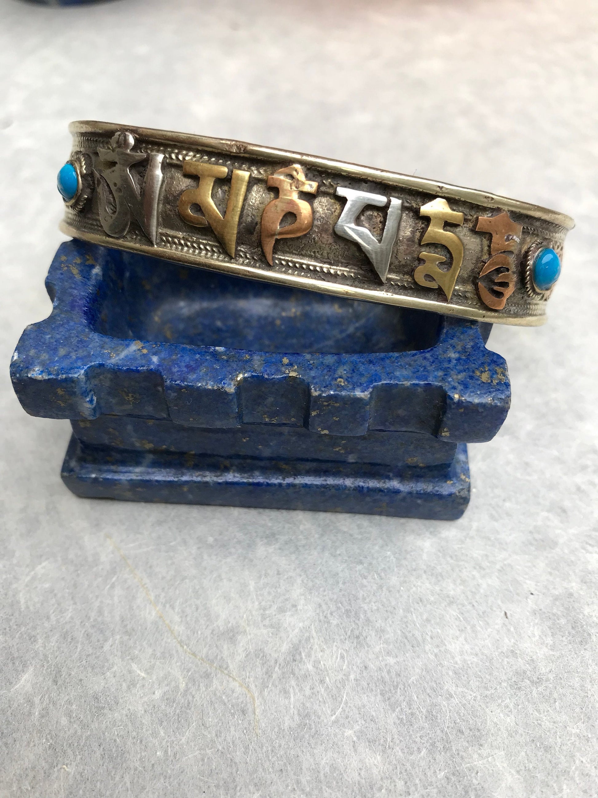 Tibetan Buddhist Mantra Cuff Bracelet, Brass Copper, Turquoise Stone, Mantra of Compassion, Om Mani Padme Hum.