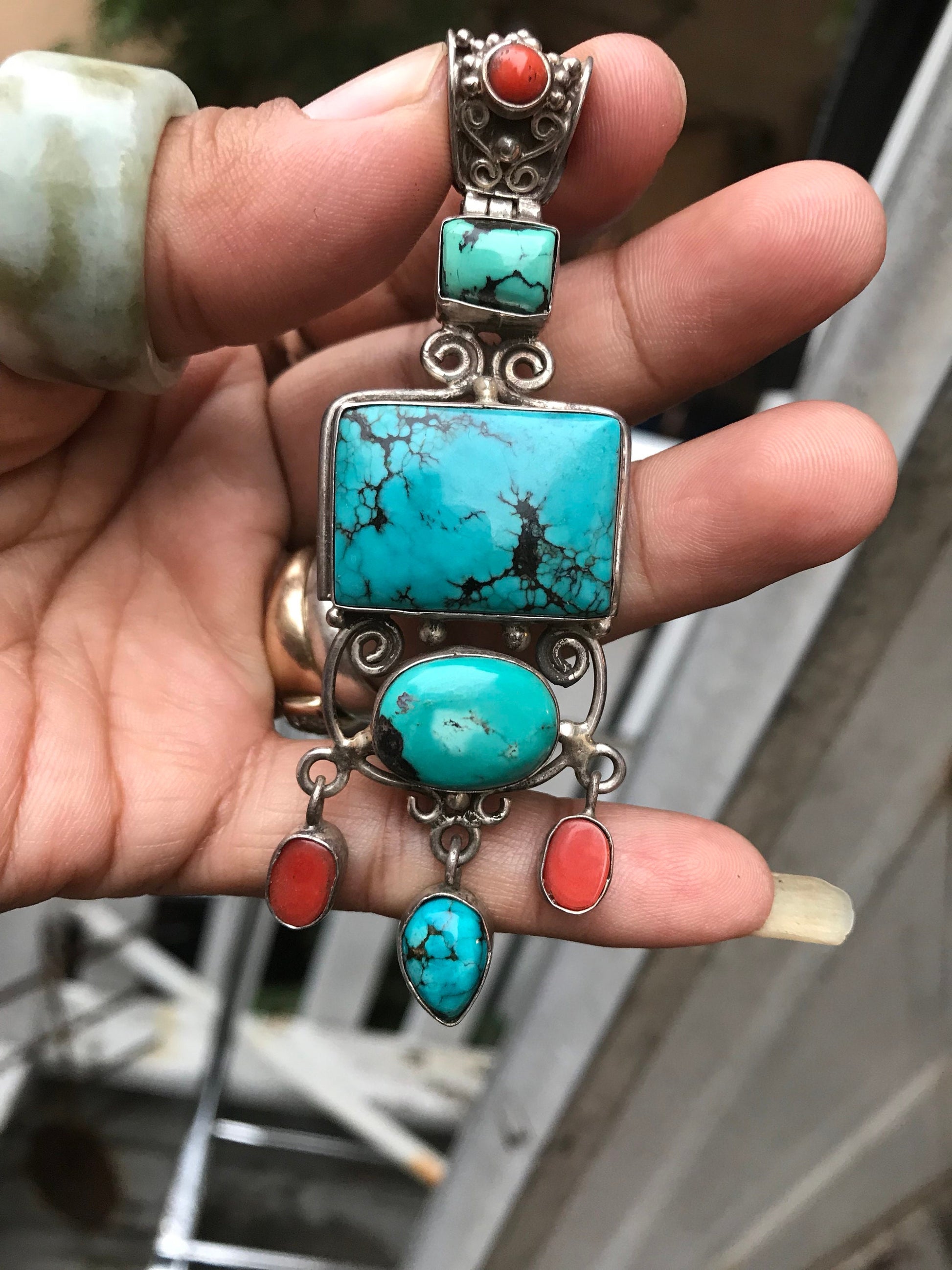 handcrafted Tibetan pendent with turquoise coral on Sterling silver, Unique and Beautiful,Bold and beautiful, Healing, luck, protection.