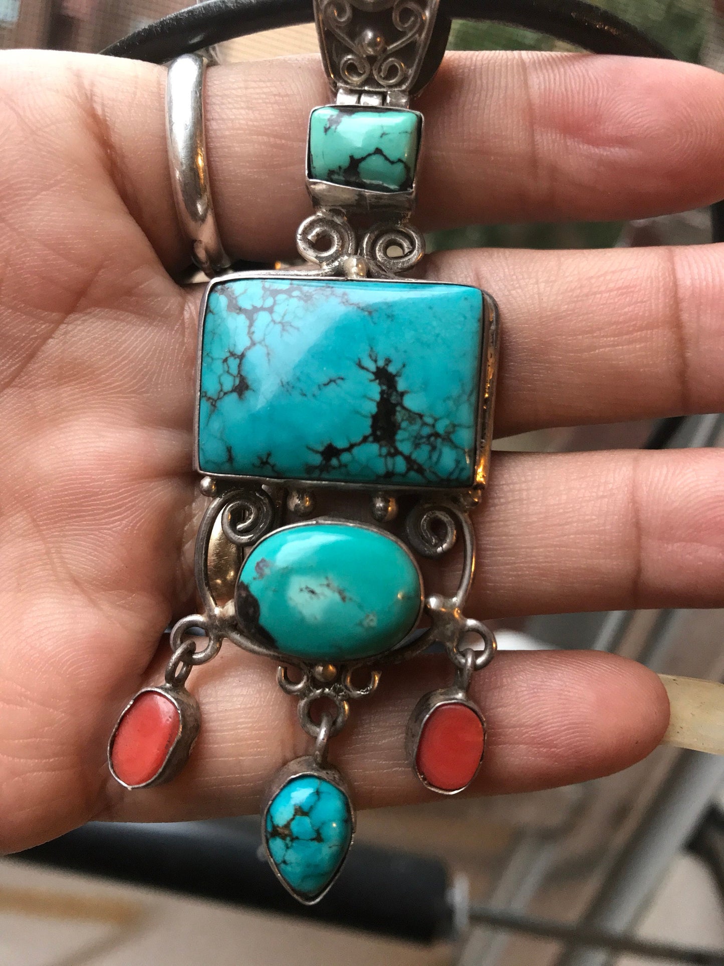 handcrafted Tibetan pendent with turquoise coral on Sterling silver, Unique and Beautiful,Bold and beautiful, Healing, luck, protection.