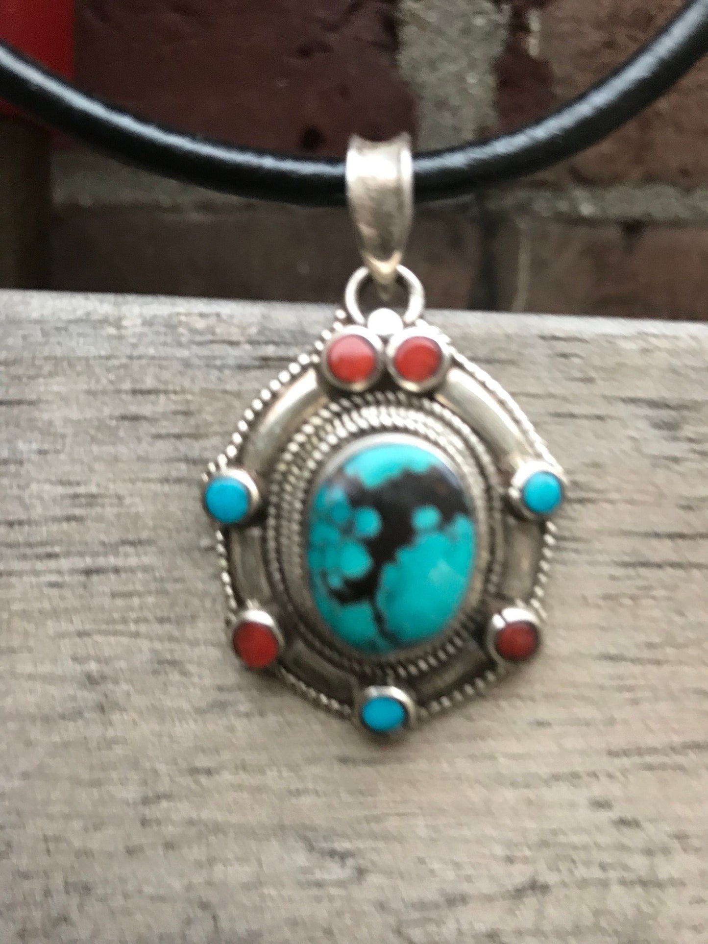 Silver pendent with natural Tibetan Turquoise and Coral, hand made Pendent, healing, love, luck and peace, protection, sterling silver.