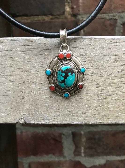 Silver pendent with natural Tibetan Turquoise and Coral, hand made Pendent, healing, love, luck and peace, protection, sterling silver.