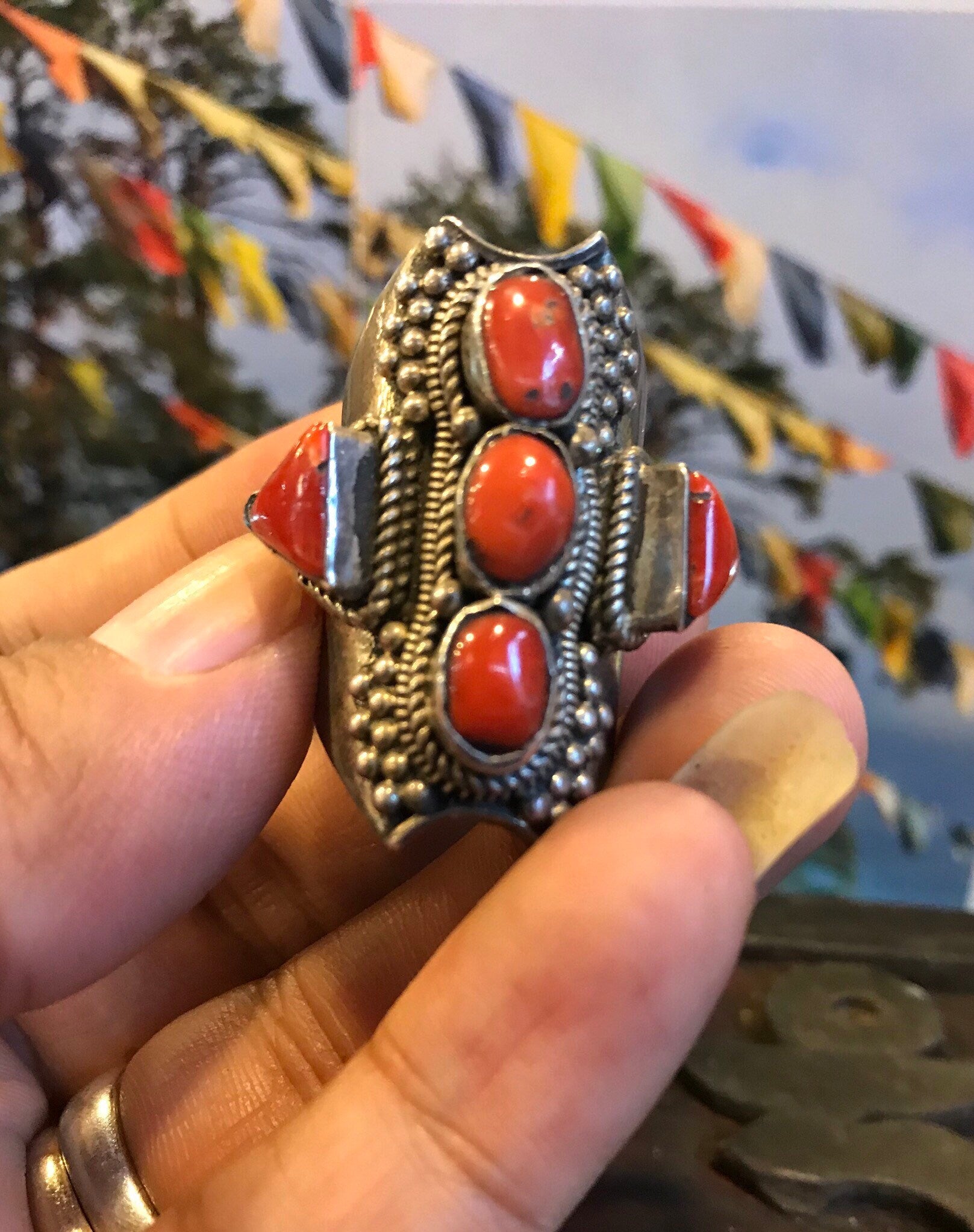 Antique Tibetan coral Ring, Size 8.5, Tribal, Bohemian style, Authentic Tibetan coral ring. Traditional Saddle Ring, Gypsy ring, protection.