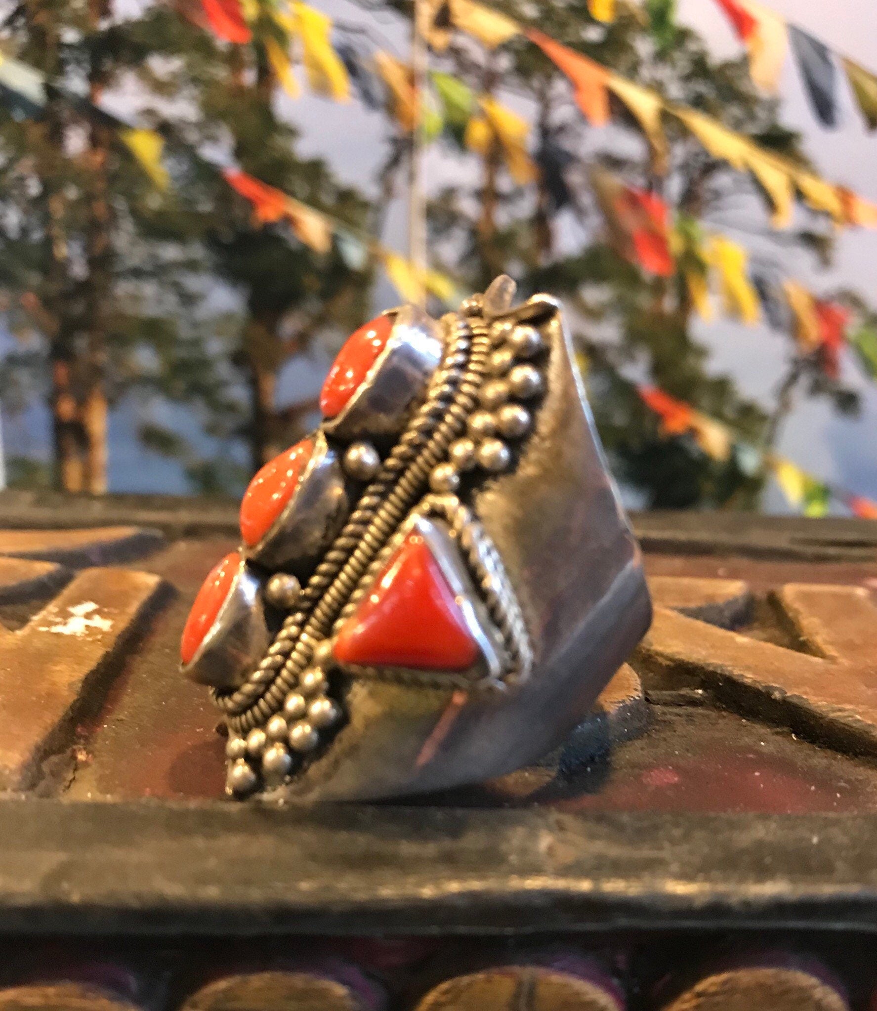 Antique Tibetan coral Ring, Size 8.5, Tribal, Bohemian style, Authentic Tibetan coral ring. Traditional Saddle Ring, Gypsy ring, protection.