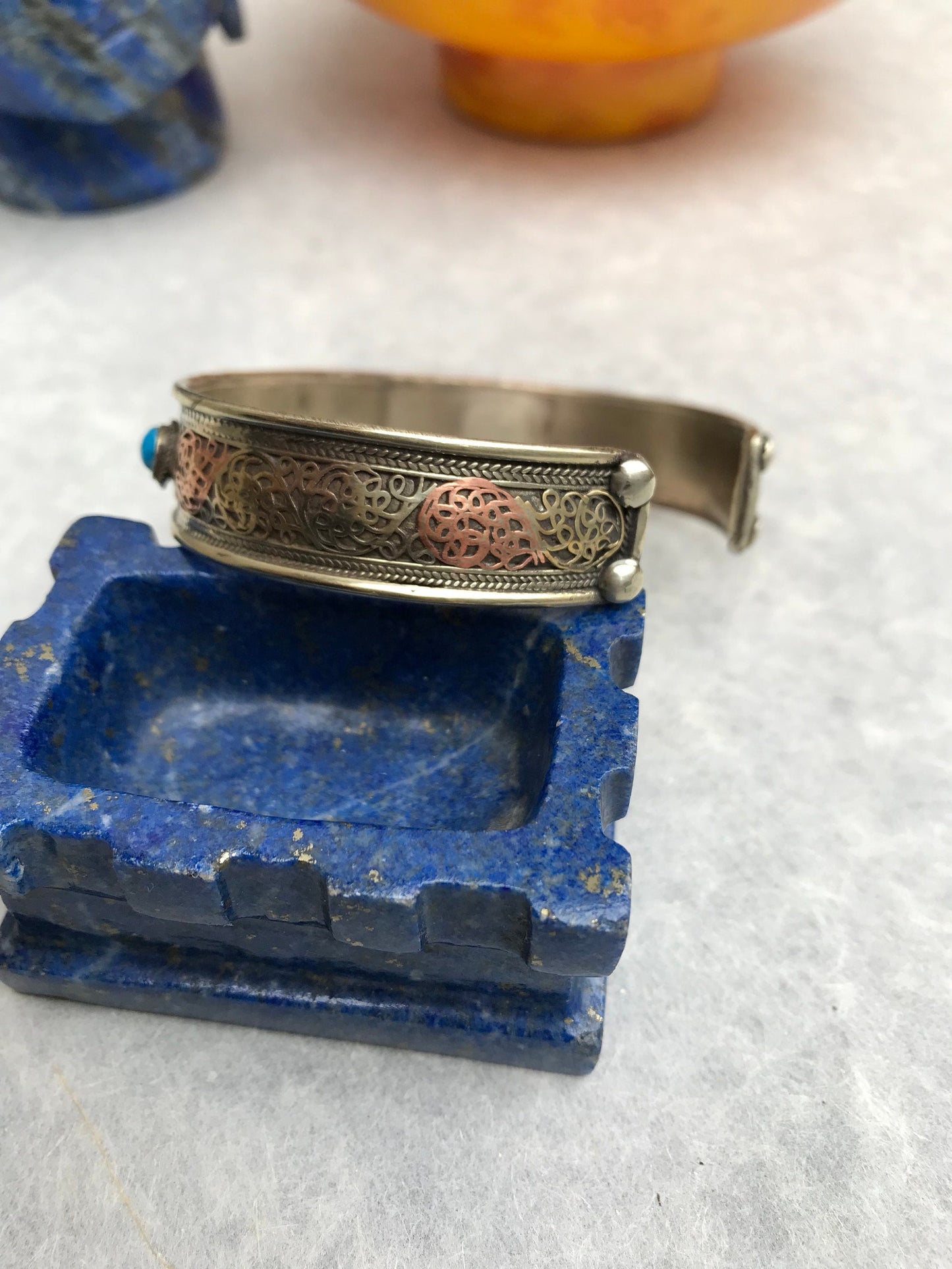 Tibetan Buddhist Mantra Cuff Bracelet, Brass Copper, Turquoise Stone, Mantra of Compassion, Om Mani Padme Hum.