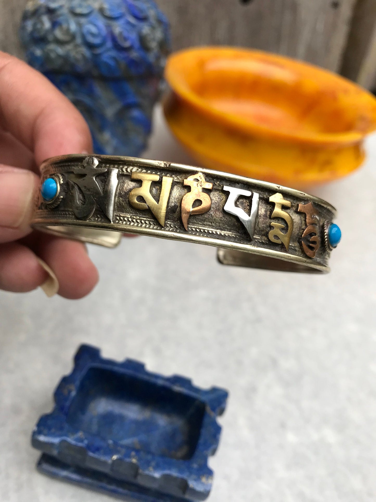 Tibetan Buddhist Mantra Cuff Bracelet, Brass Copper, Turquoise Stone, Mantra of Compassion, Om Mani Padme Hum.