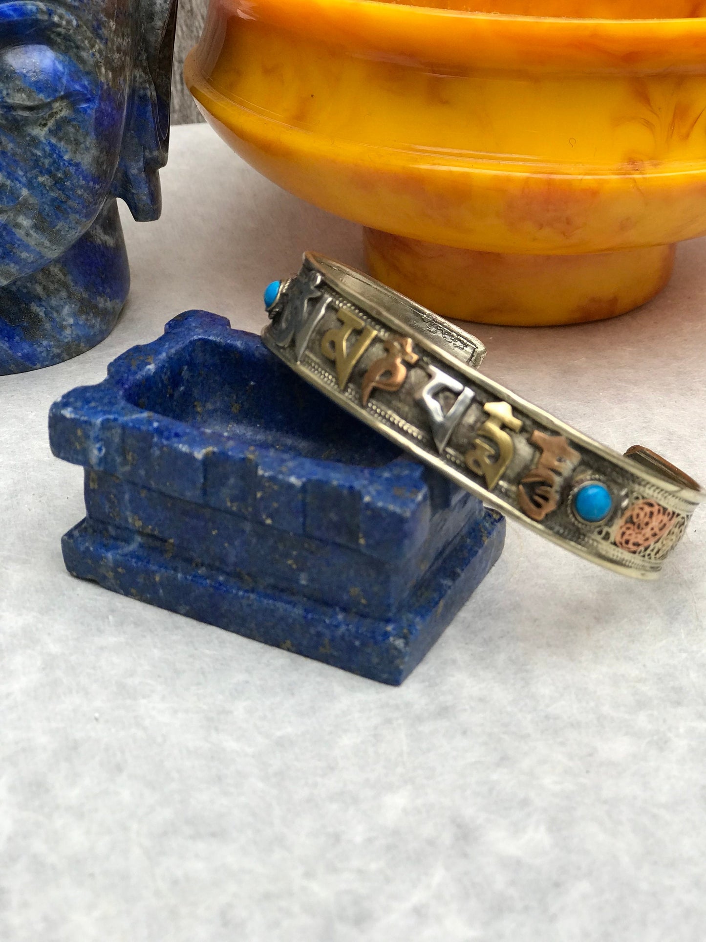 Tibetan Buddhist Mantra Cuff Bracelet, Brass Copper, Turquoise Stone, Mantra of Compassion, Om Mani Padme Hum.