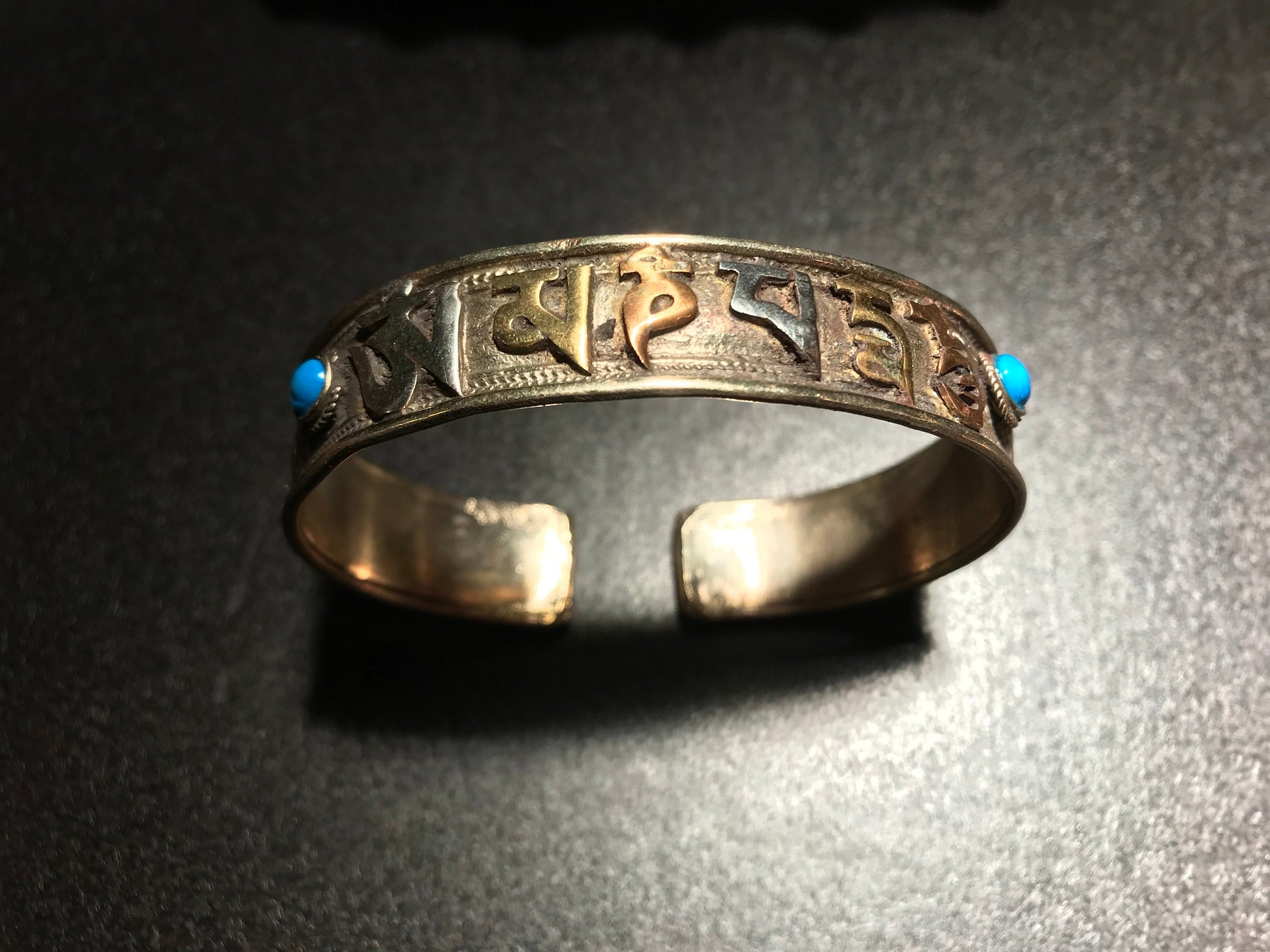 Tibetan Buddhist Mantra Cuff Bracelet, Brass Copper, Turquoise Stone, Mantra of Compassion, Om Mani Padme Hum.