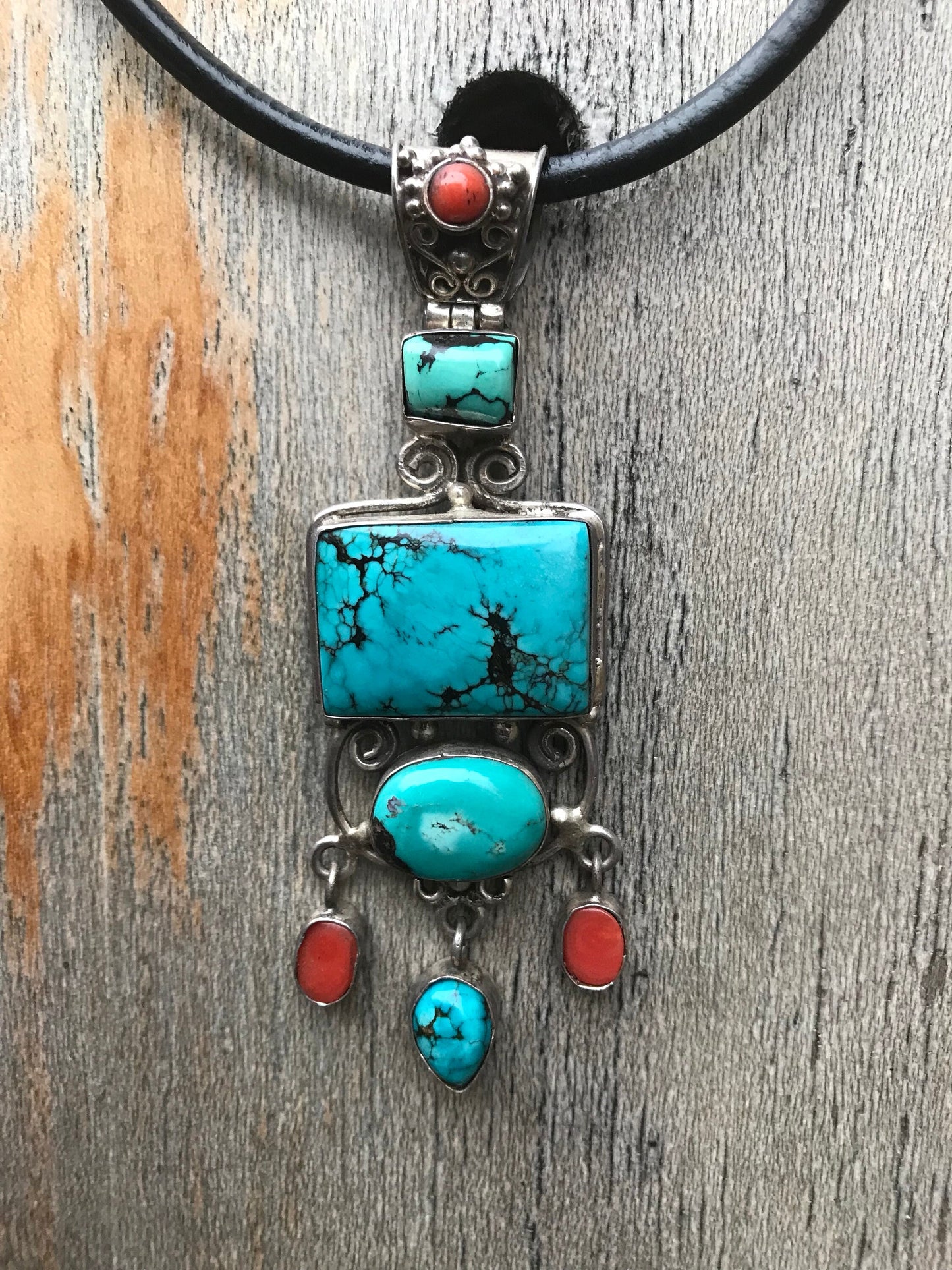 handcrafted Tibetan pendent with turquoise coral on Sterling silver, Unique and Beautiful,Bold and beautiful, Healing, luck, protection.