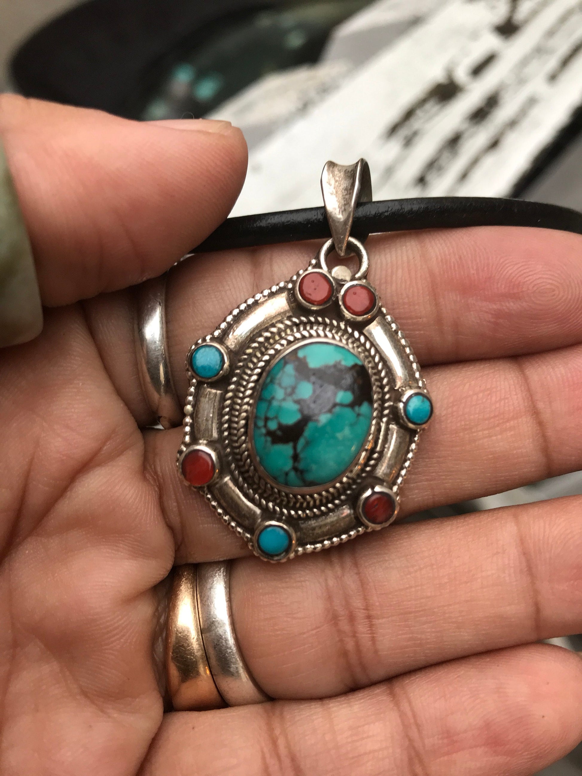 Silver pendent with natural Tibetan Turquoise and Coral, hand made Pendent, healing, love, luck and peace, protection, sterling silver.