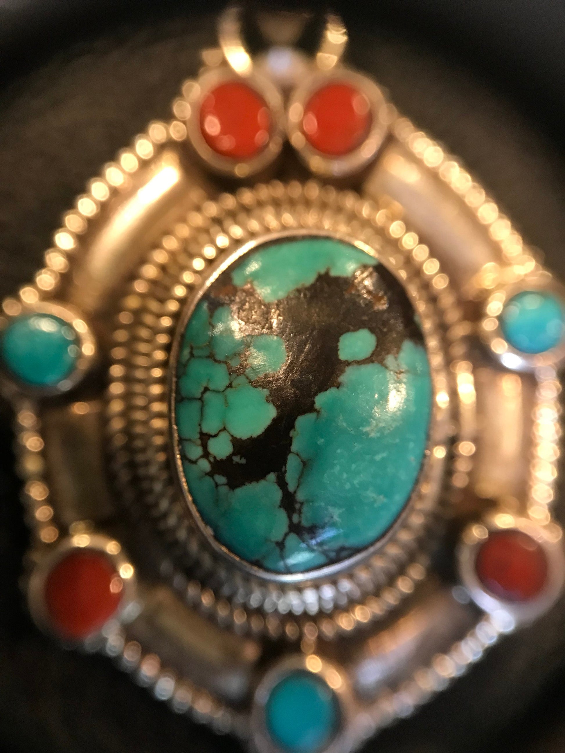 Silver pendent with natural Tibetan Turquoise and Coral, hand made Pendent, healing, love, luck and peace, protection, sterling silver.