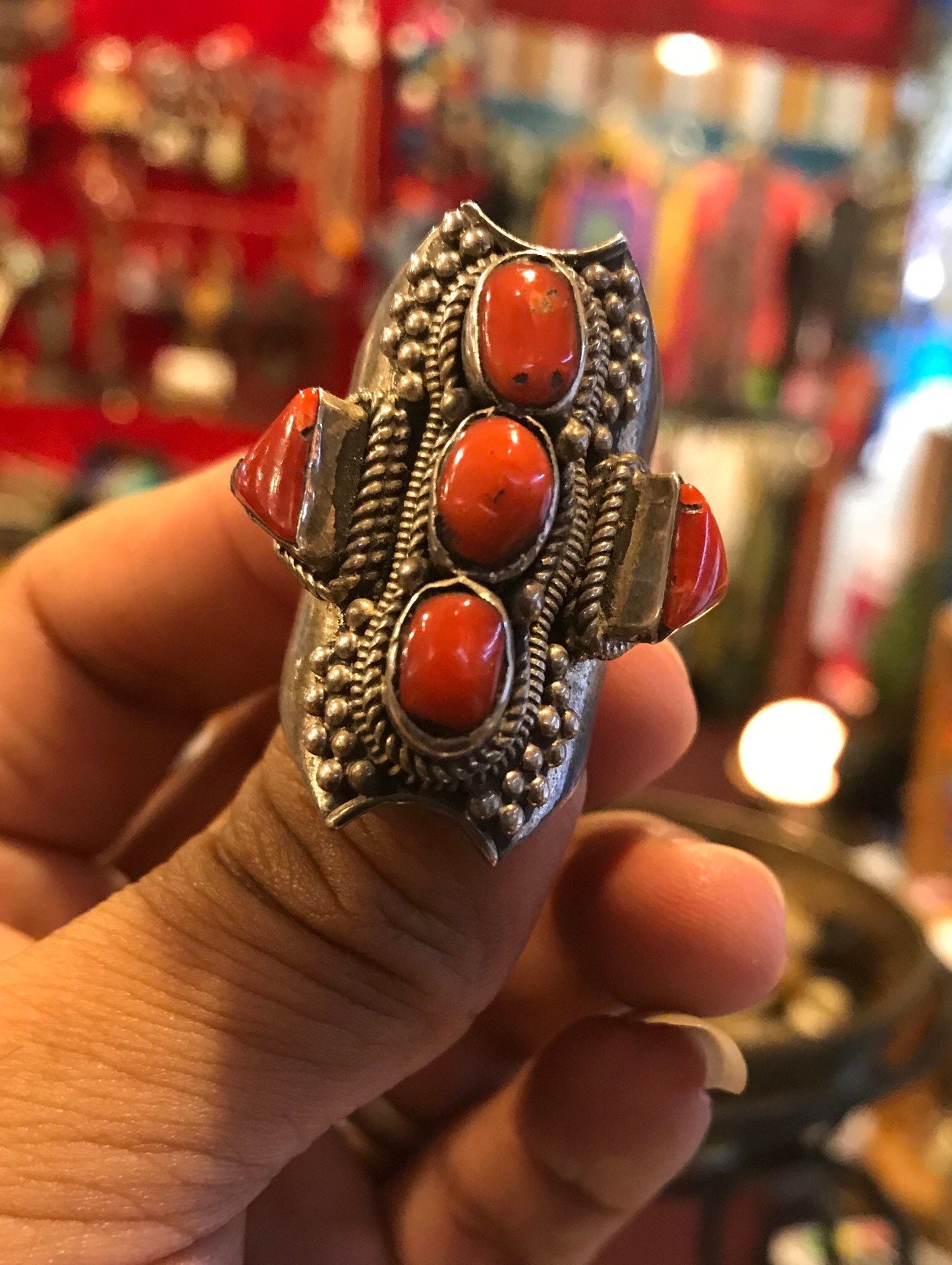 Antique Tibetan coral Ring, Size 8.5, Tribal, Bohemian style, Authentic Tibetan coral ring. Traditional Saddle Ring, Gypsy ring, protection.