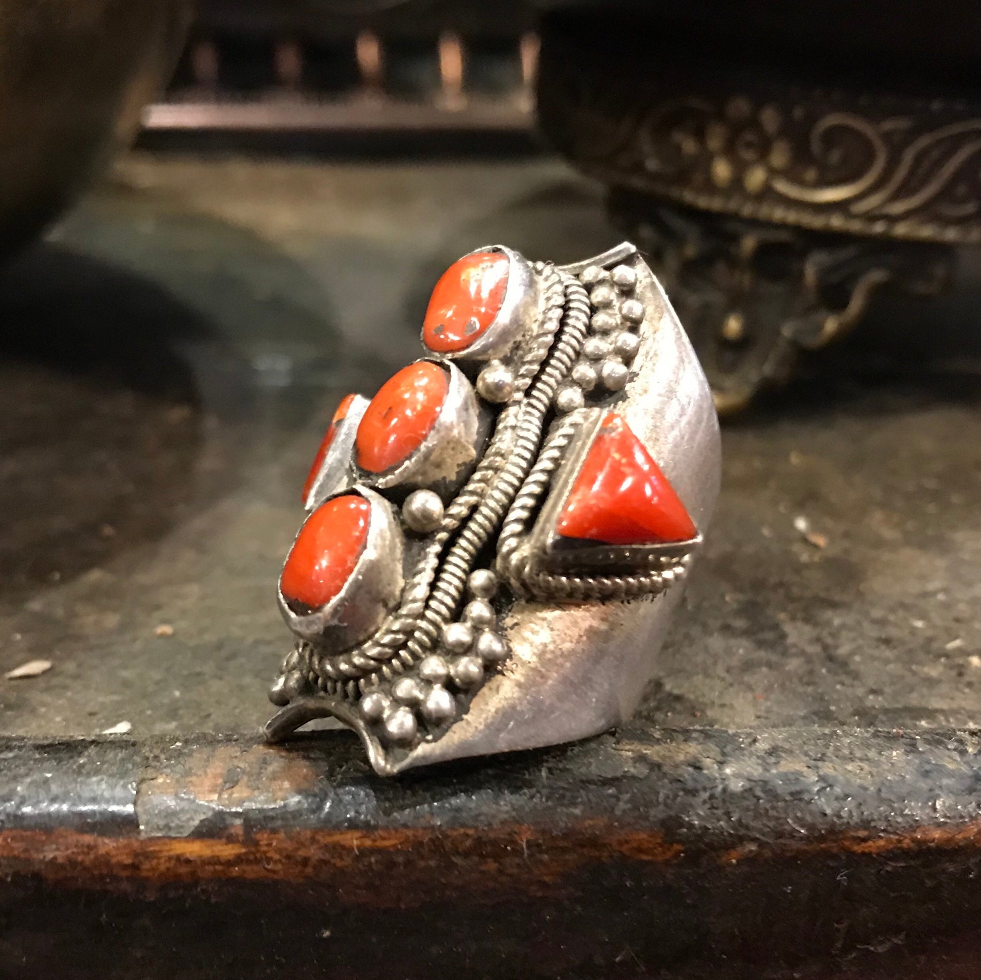 Antique Tibetan coral Ring, Size 8.5, Tribal, Bohemian style, Authentic Tibetan coral ring. Traditional Saddle Ring, Gypsy ring, protection.