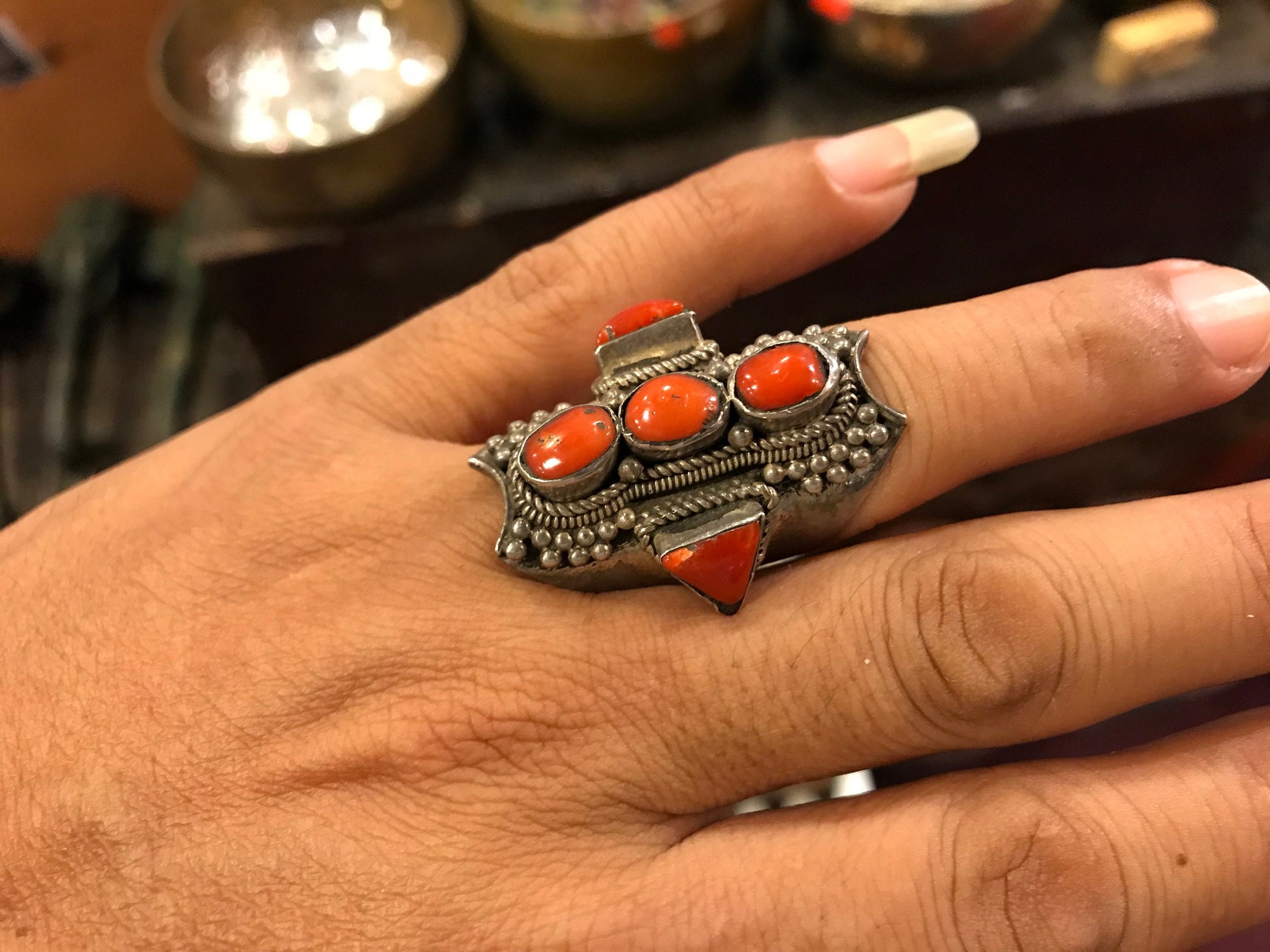 Antique Tibetan coral Ring, Size 8.5, Tribal, Bohemian style, Authentic Tibetan coral ring. Traditional Saddle Ring, Gypsy ring, protection.