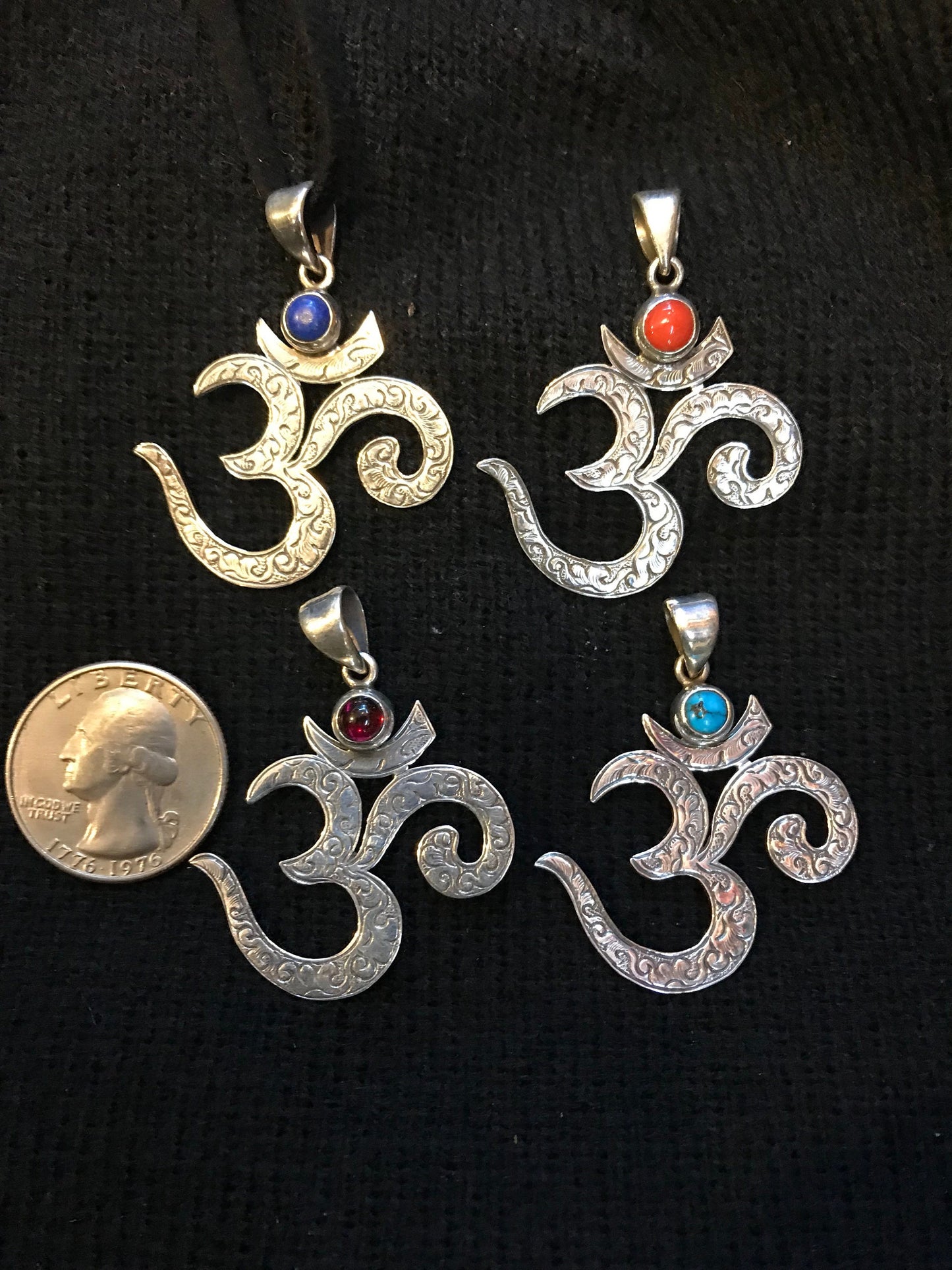 Sterling Silver Om pendent, OM pendent handmade in Nepal. Meditation, Mantra Om, Universal sound OM , Coral, turquoise, Lapis, and Amethyst