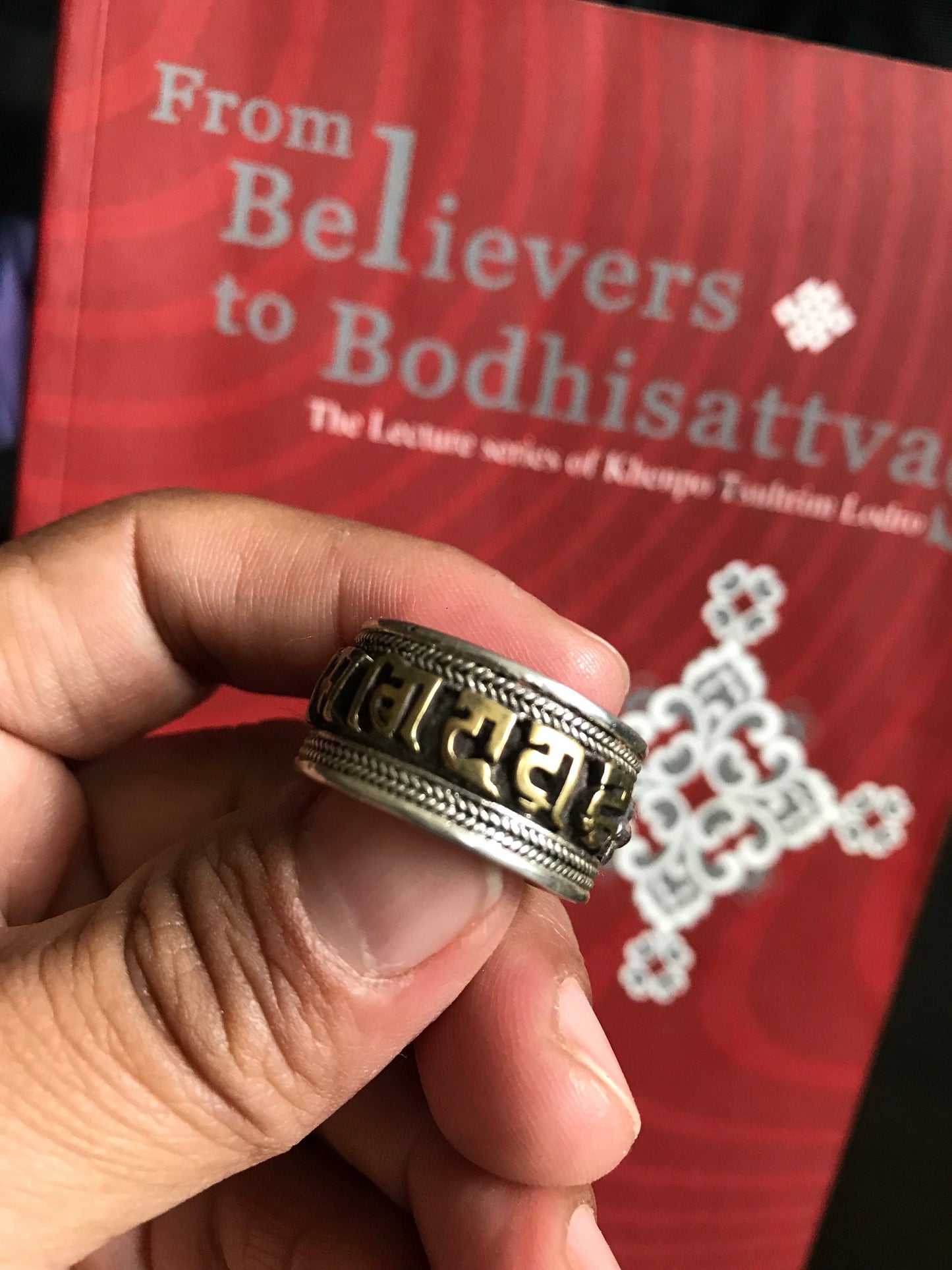 Om Mani Padme Hum BUDDHIST MANTRA RING .925 silver, boho ring Mantra of Compassion,keep your mind calm. thick adjustable band. size 10 - up