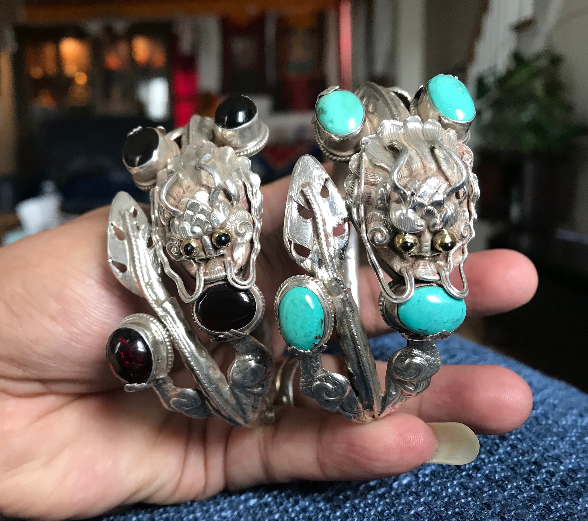 Sterling silver Dragon cuff bracelet, Handmade in Nepal, Dragon holding Garnet stone in his claws and mouth. wealth/good fortune/heroism