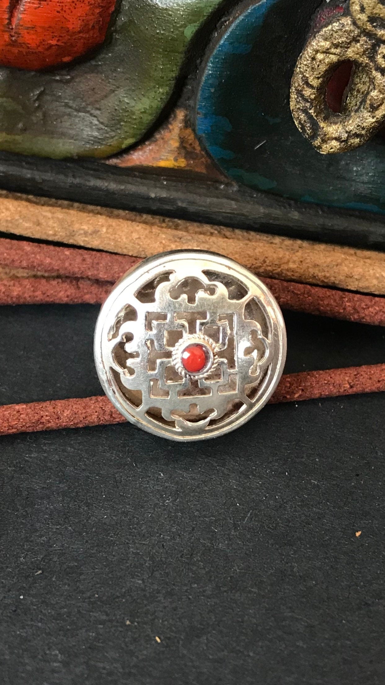 Silver mandala ring with red coral stone/hand made in Nepal, peace and harmony, mandala of 5 elements..