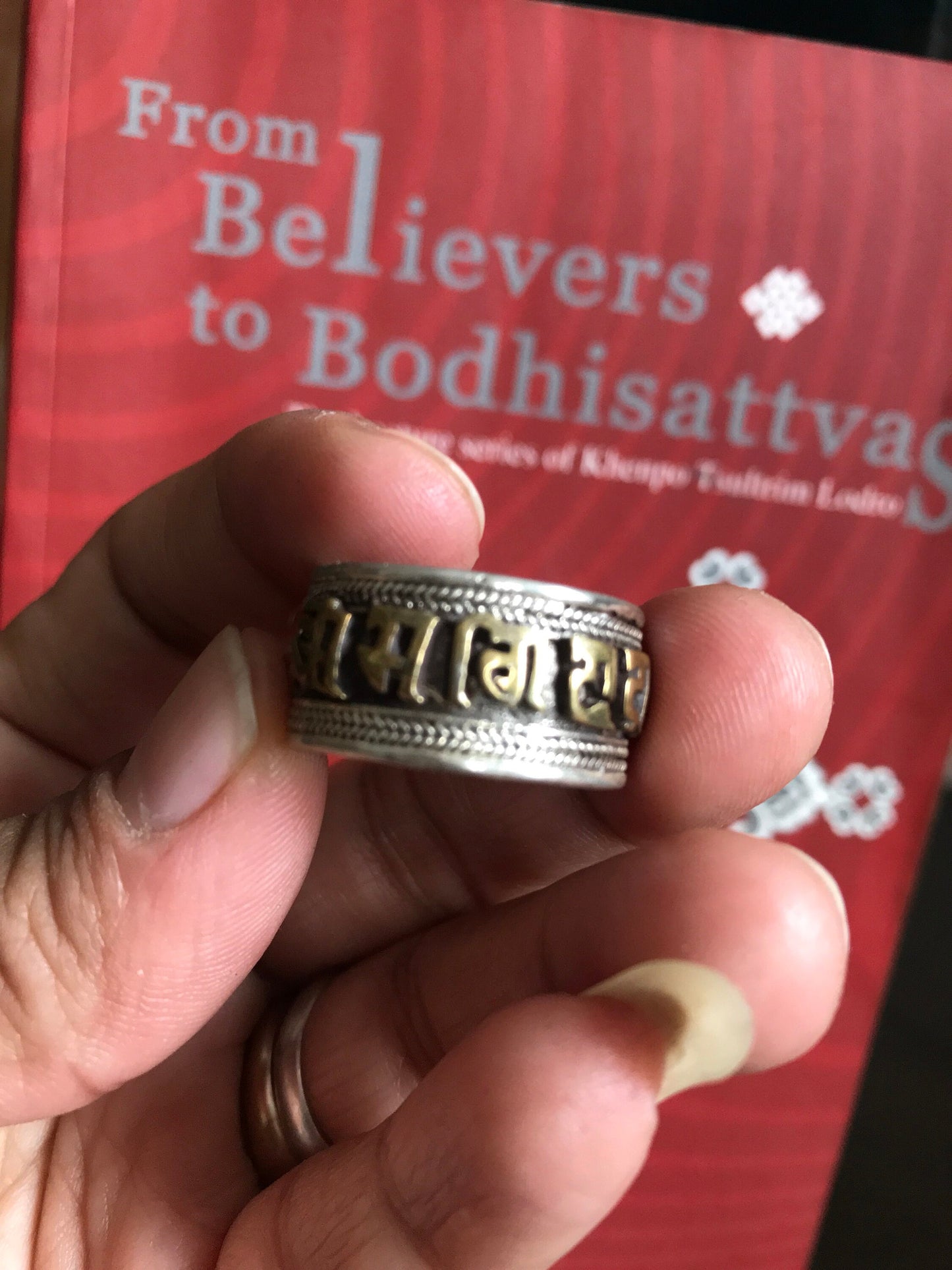 Om Mani Padme Hum BUDDHIST MANTRA RING .925 silver, boho ring Mantra of Compassion,keep your mind calm. thick adjustable band. size 10 - up