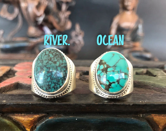 Turquoise ring, sterling silver/boho style, healing stone, Handmade in Nepal, .925 silver with turquoise stone ring. Tibetan ring