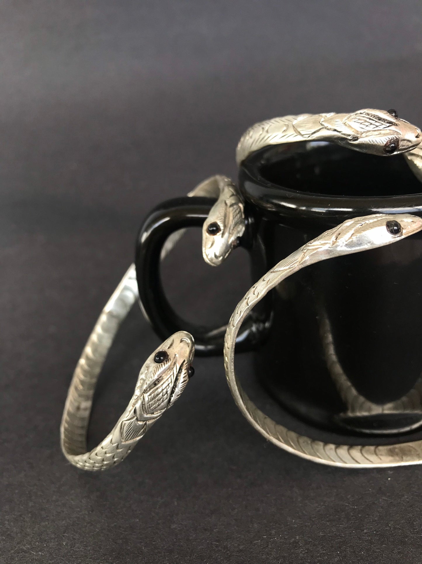 Solid Sterling Silver Handcrafted Cuff Bracelet with Black Onyx Gemstone Eye ,Snake Bracelet, spirit animal totem, Snake Jewelry,