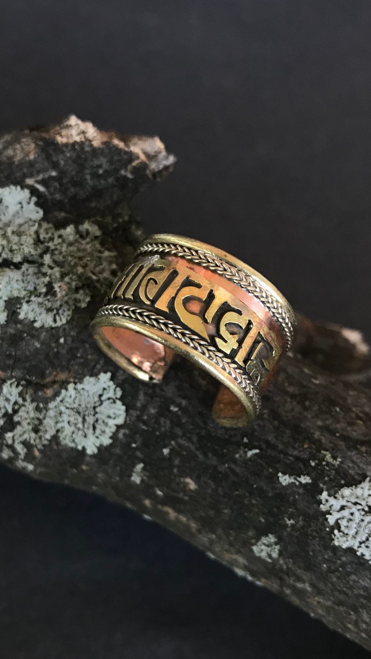 Buddhist Mantra Adjustable Ring, Tibetan Silver, Om Mani Padme Hum