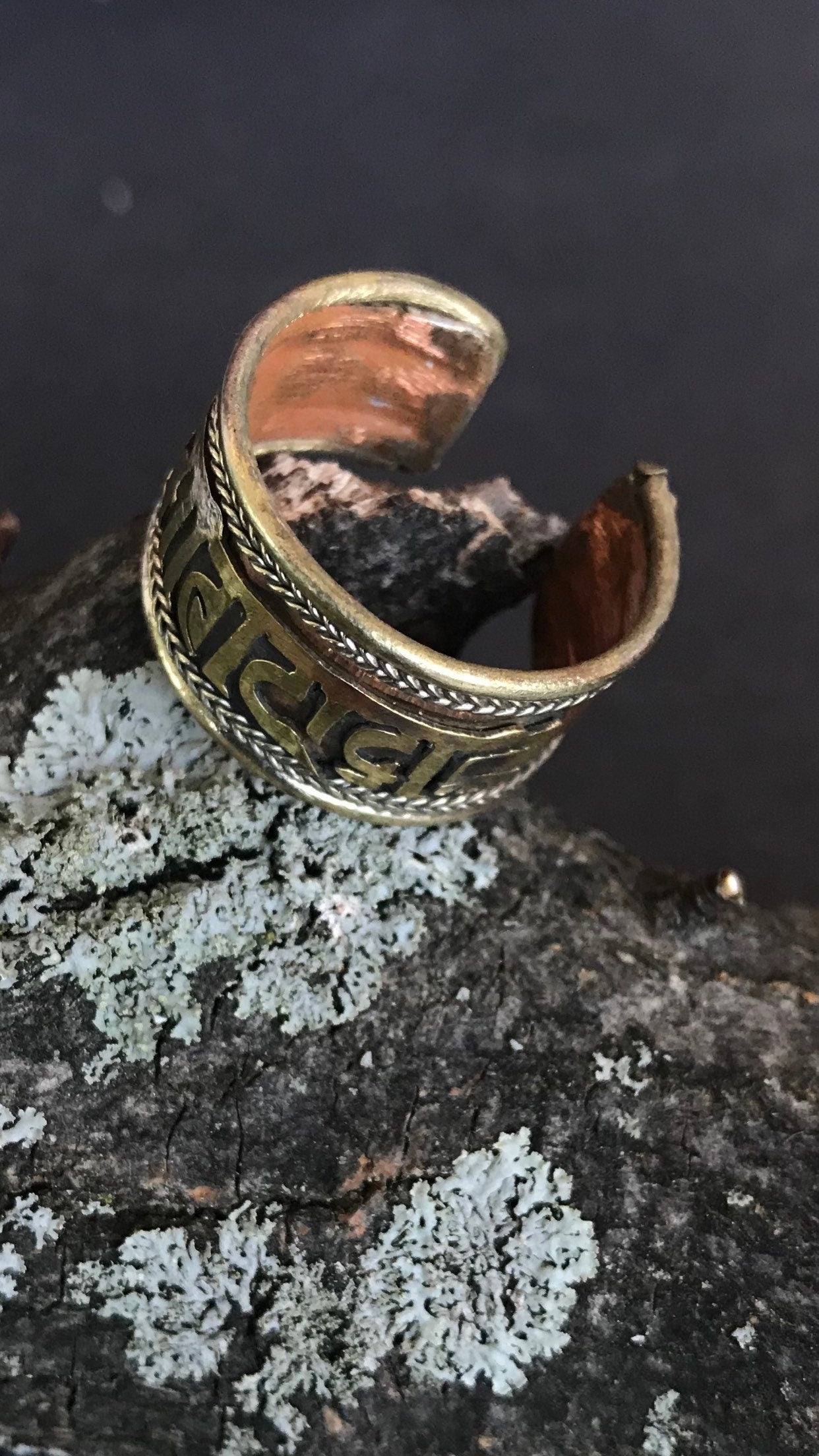 Buddhist Mantra Adjustable Ring, Tibetan Silver, Om Mani Padme Hum