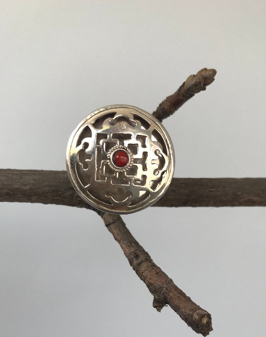 Silver mandala ring with red coral stone/hand made in Nepal, peace and harmony, mandala of 5 elements..