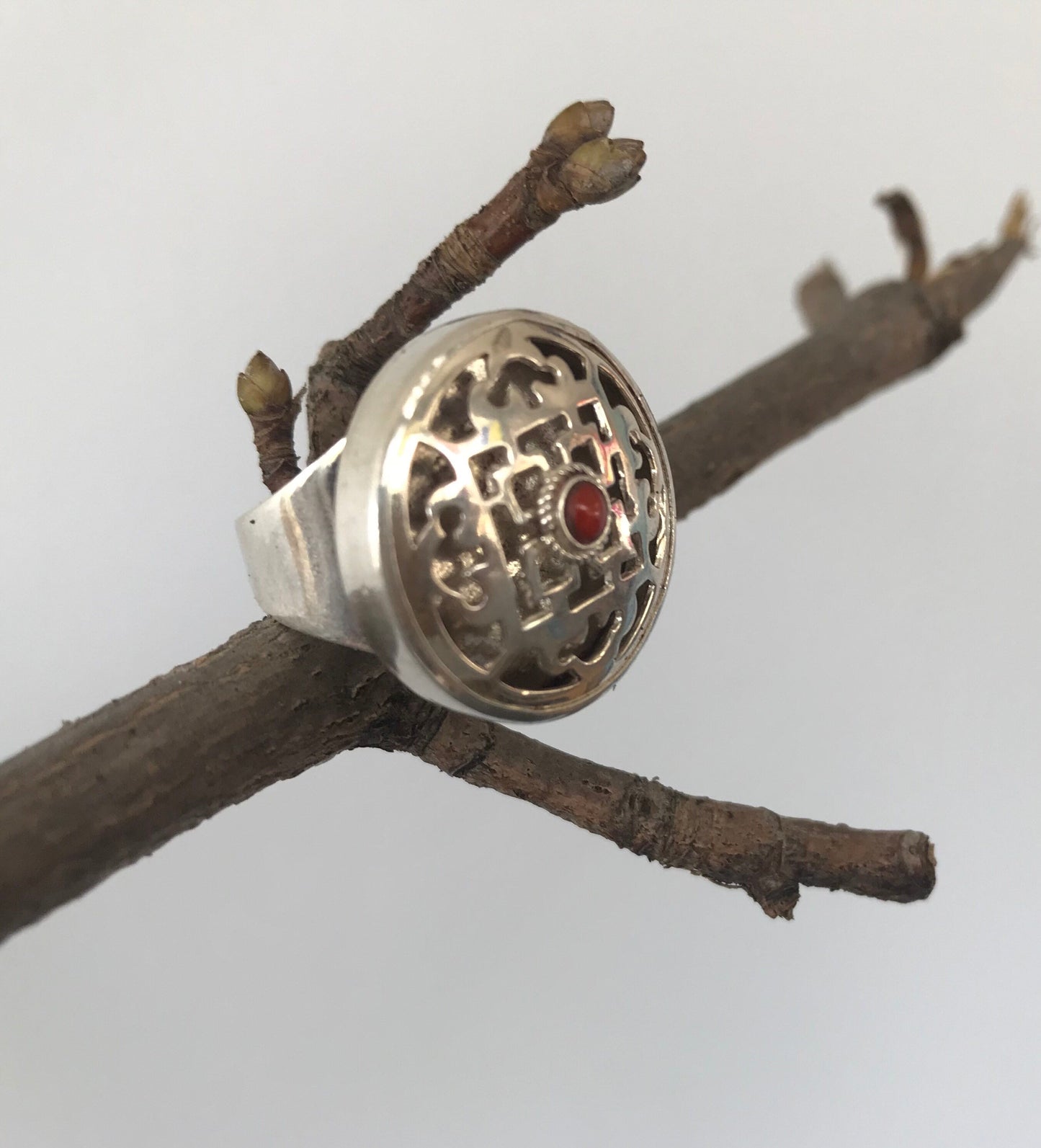 Silver mandala ring with red coral stone/hand made in Nepal, peace and harmony, mandala of 5 elements..