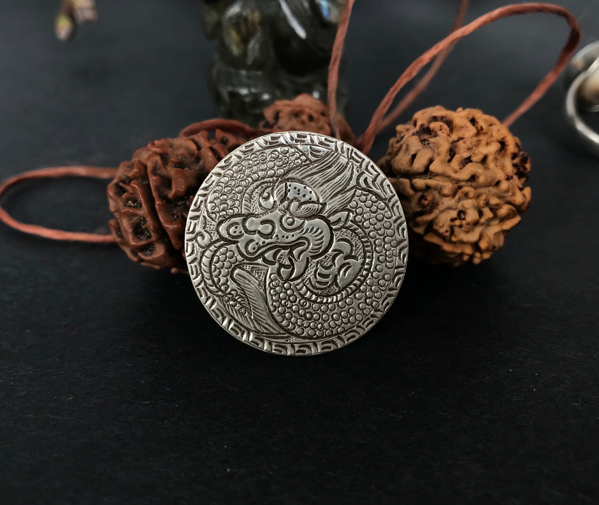 Adjustable.925 silver medallion/shield Ring with Eternal knot/Dragon engraved. Hand made silver ring.