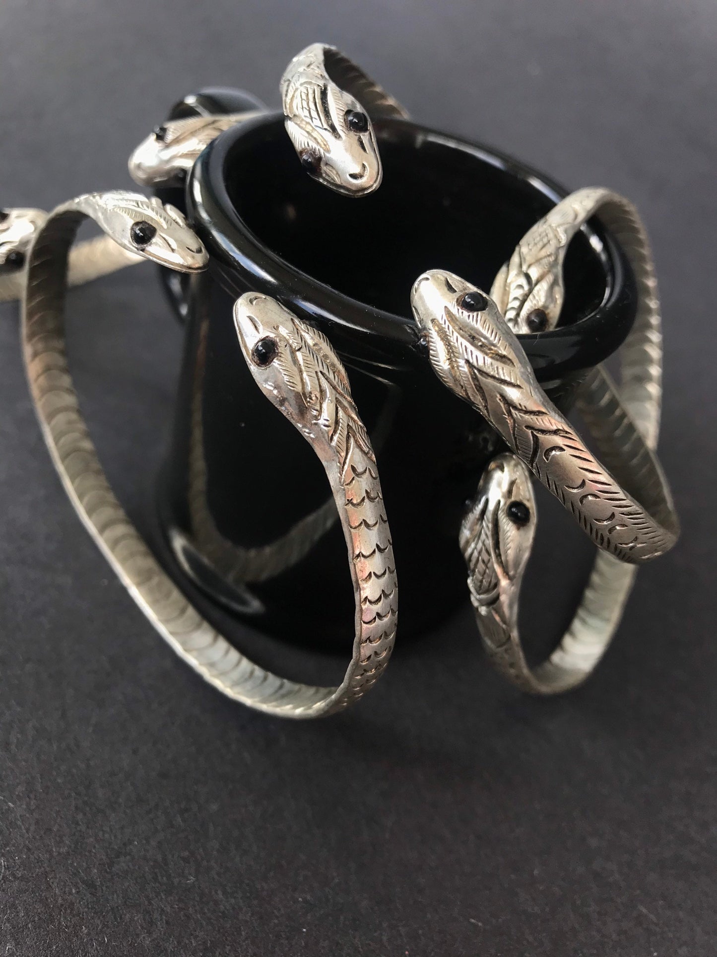 Solid Sterling Silver Handcrafted Cuff Bracelet with Black Onyx Gemstone Eye ,Snake Bracelet, spirit animal totem, Snake Jewelry,
