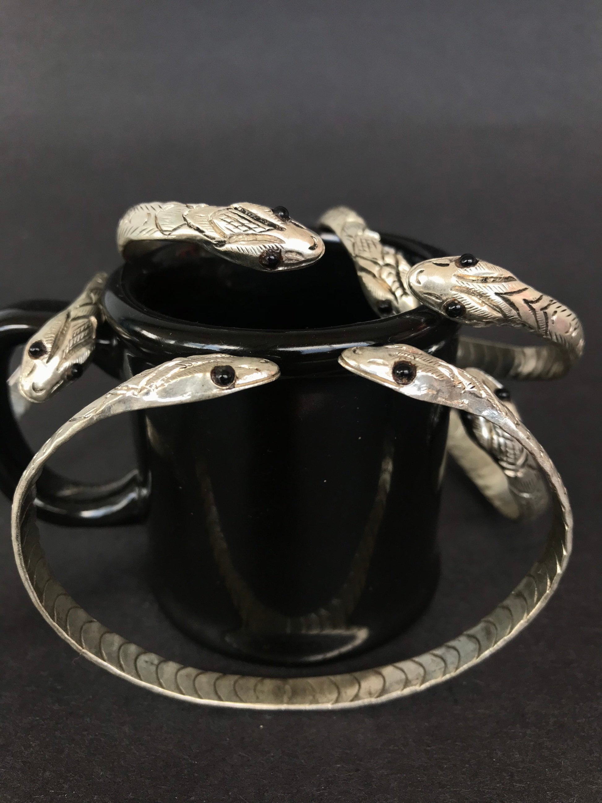 Solid Sterling Silver Handcrafted Cuff Bracelet with Black Onyx Gemstone Eye ,Snake Bracelet, spirit animal totem, Snake Jewelry,