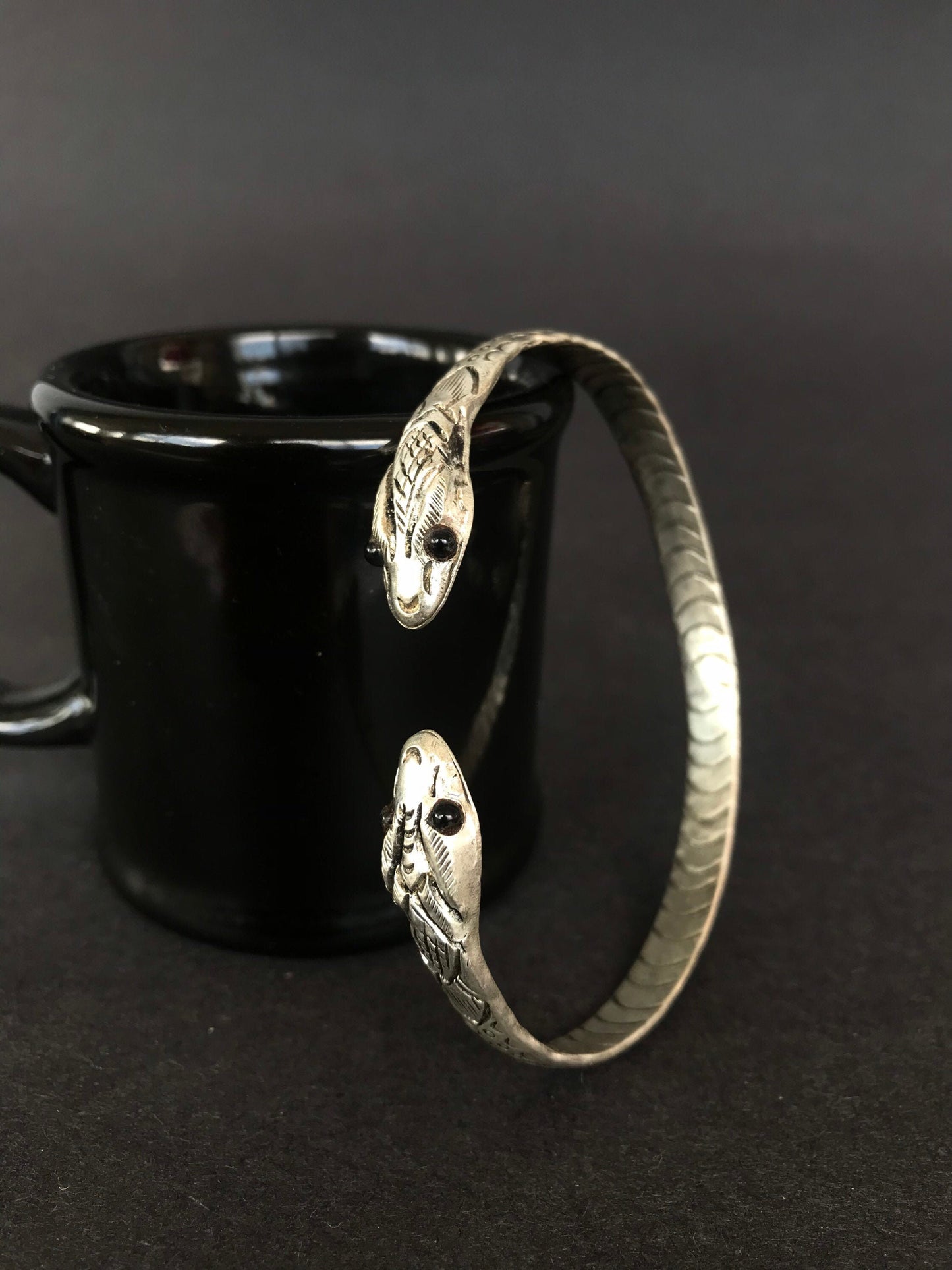 Solid Sterling Silver Handcrafted Cuff Bracelet with Black Onyx Gemstone Eye ,Snake Bracelet, spirit animal totem, Snake Jewelry,