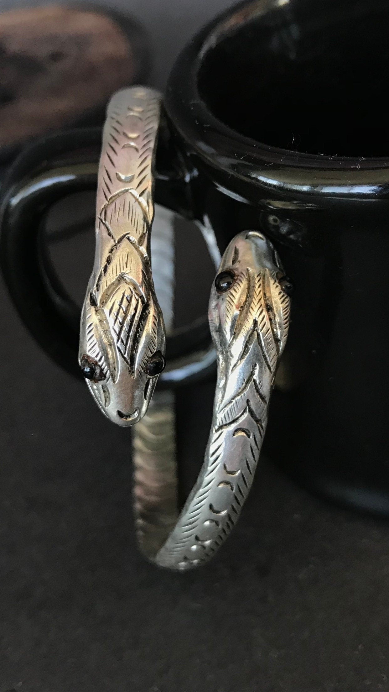 Solid Sterling Silver Handcrafted Cuff Bracelet with Black Onyx Gemstone Eye ,Snake Bracelet, spirit animal totem, Snake Jewelry,