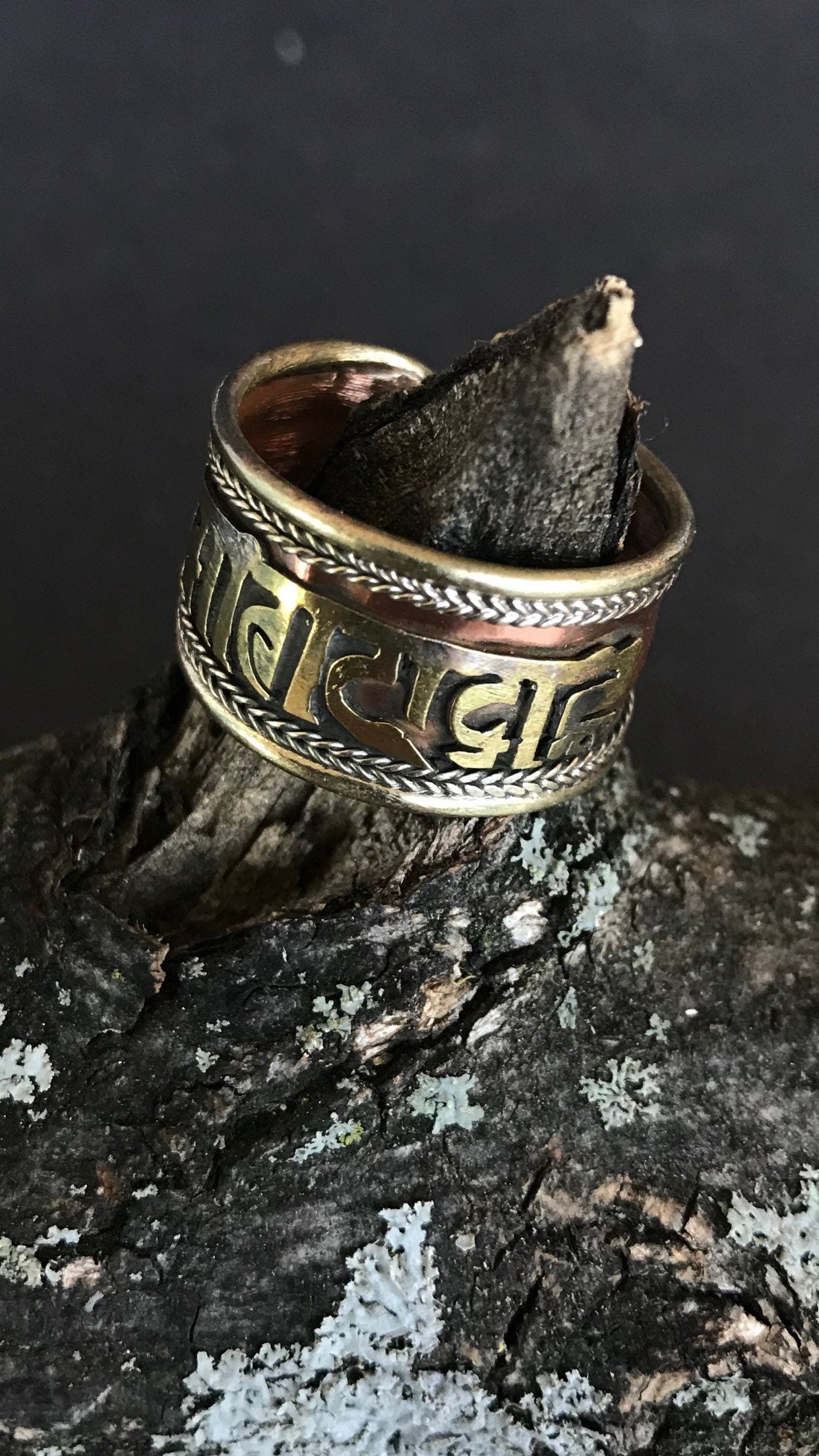 Buddhist Mantra Adjustable Ring, Tibetan Silver, Om Mani Padme Hum