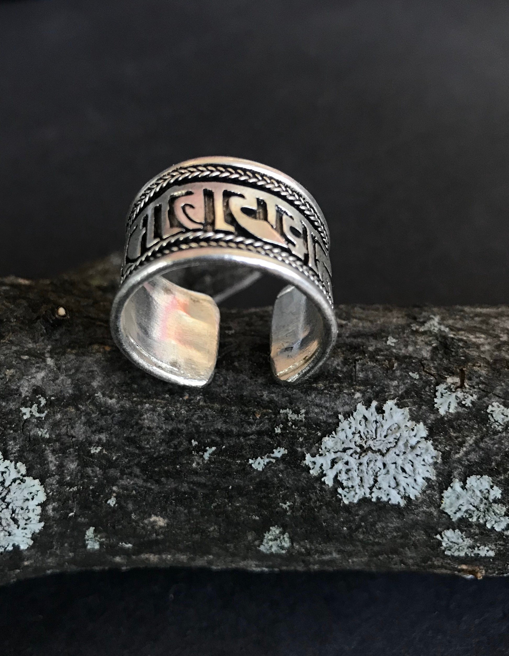 Buddhist Mantra Adjustable Ring, Tibetan Silver, Om Mani Padme Hum