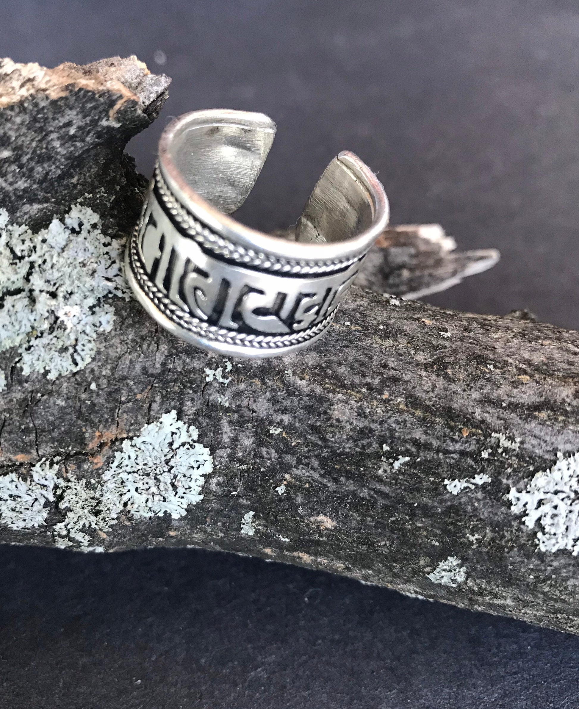 Buddhist Mantra Adjustable Ring, Tibetan Silver, Om Mani Padme Hum
