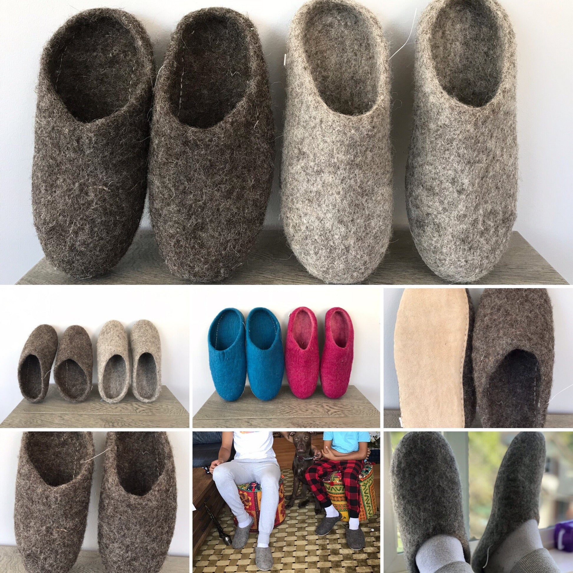 Eco friendly felt slippers. Natural gray, brown and dark gray 100% natural sheep wool,flat sole