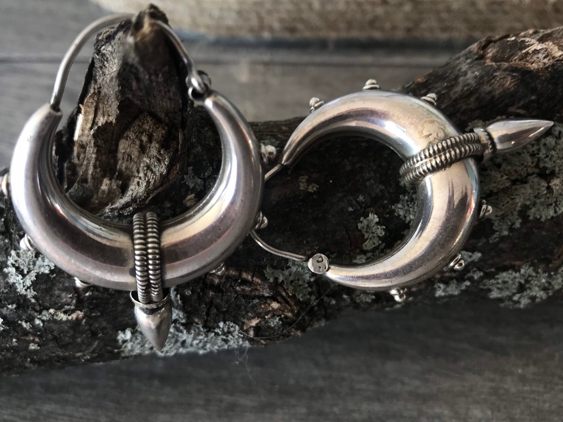 Rajasthani Sterling silver hoop earrings, steampunk/Goth/Boho style unique and solid pair.