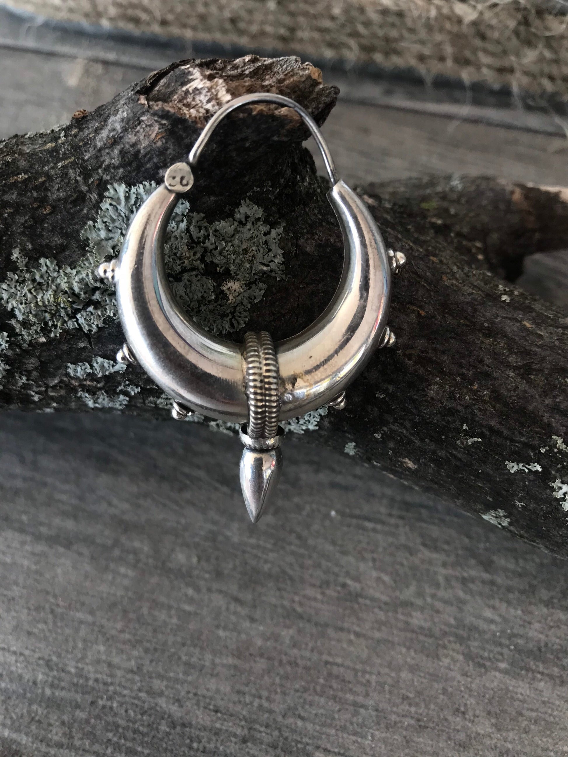 Rajasthani Sterling silver hoop earrings, steampunk/Goth/Boho style unique and solid pair.