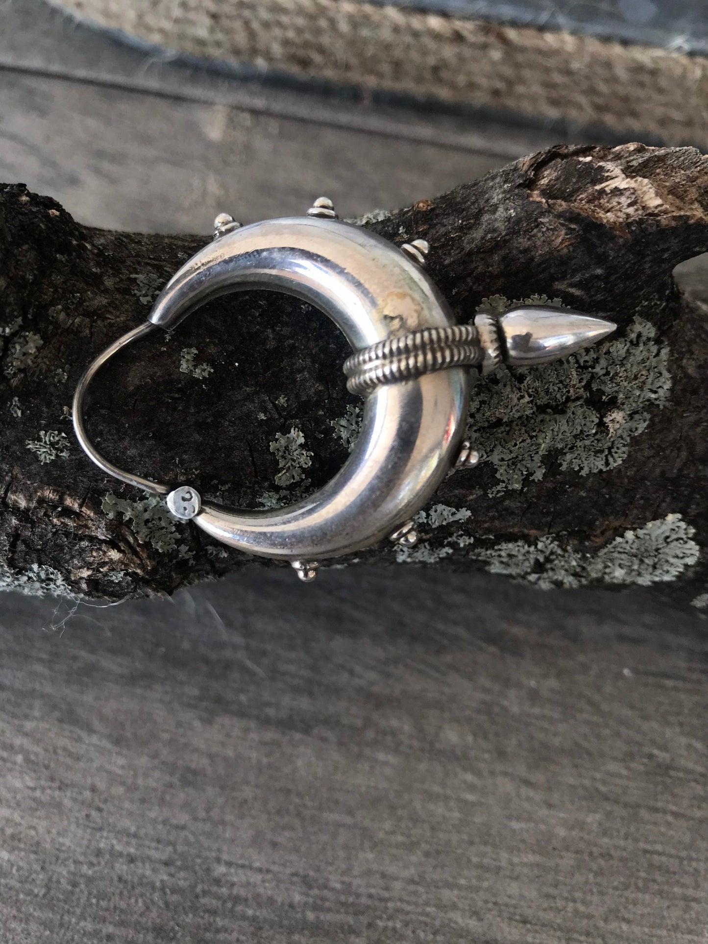 Rajasthani Sterling silver hoop earrings, steampunk/Goth/Boho style unique and solid pair.