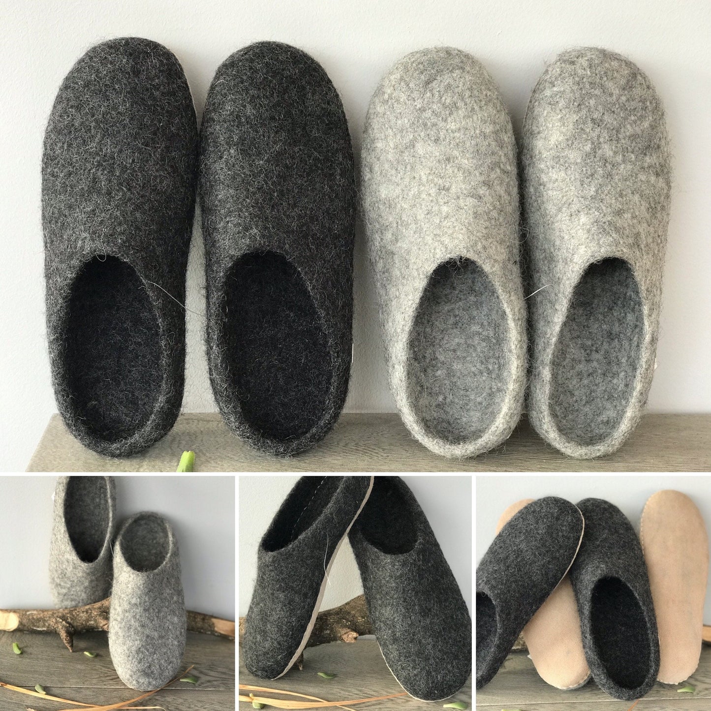 Eco friendly felt slippers. Natural gray, brown and dark gray 100% natural sheep wool,flat sole