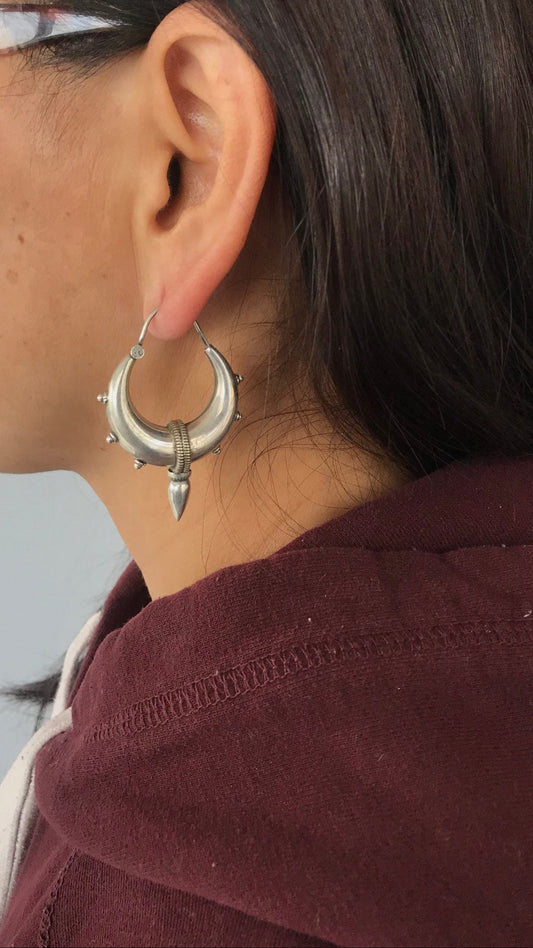 Rajasthani Sterling silver hoop earrings, steampunk/Goth/Boho style unique and solid pair.