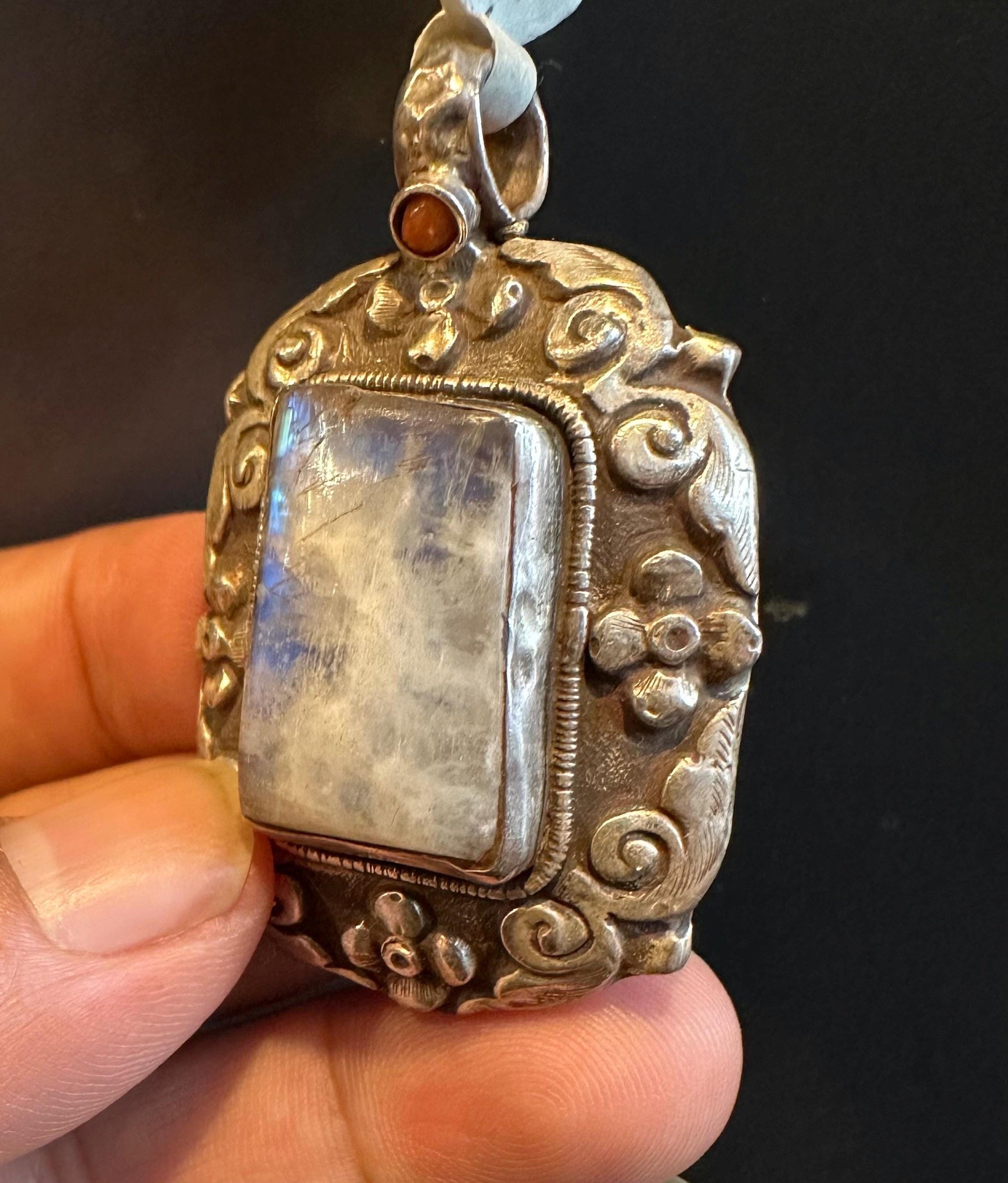 Sterling Silver Pandent with Rainbow moonstone and phoenix crafted on other face