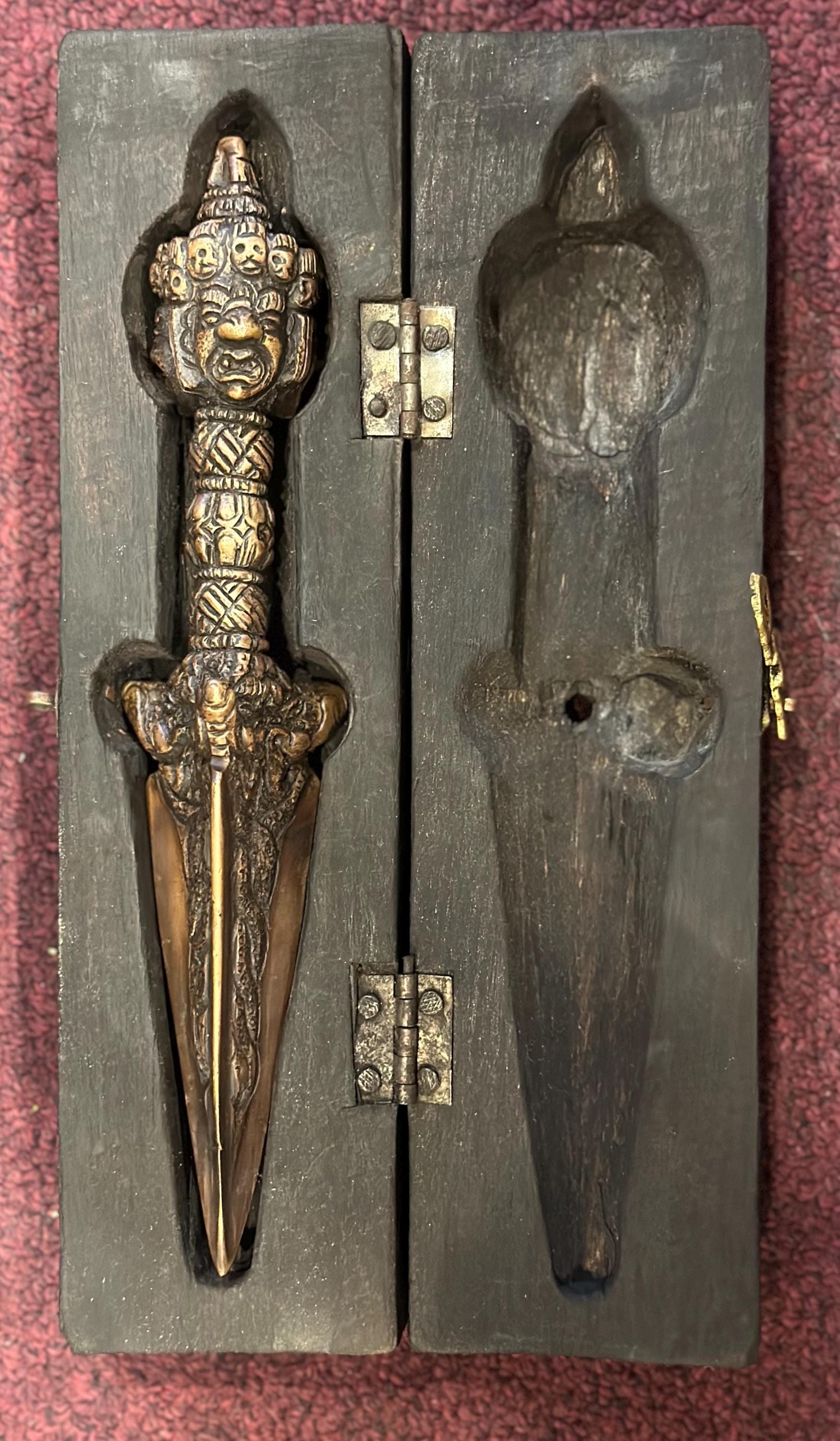 Antique Phurba with the wooden box stand, Varjra,Kila,Phurba or Dagger Buddhist, Tantric, shaman, Spiritual Protection.